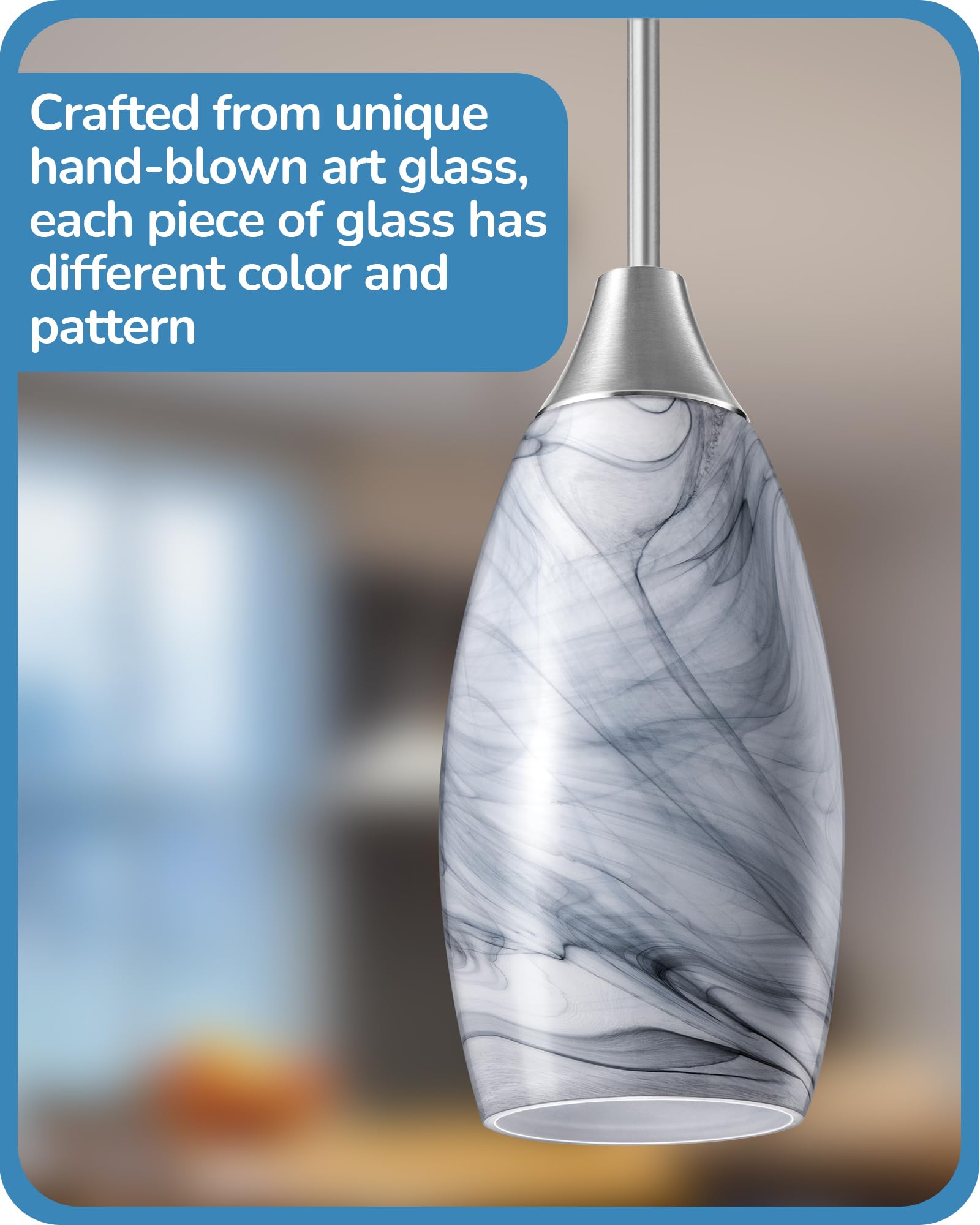 Handcrafted Art Glass Pendant Light Fixture - Grey Marble Glass Shade with Adjustable Brushed Nickel Rods, Hardwired Ceiling Light with E26 Base | Perfect for Kitchen Island Lighting, Dining Room, Bar Counter and Modern Home Decor