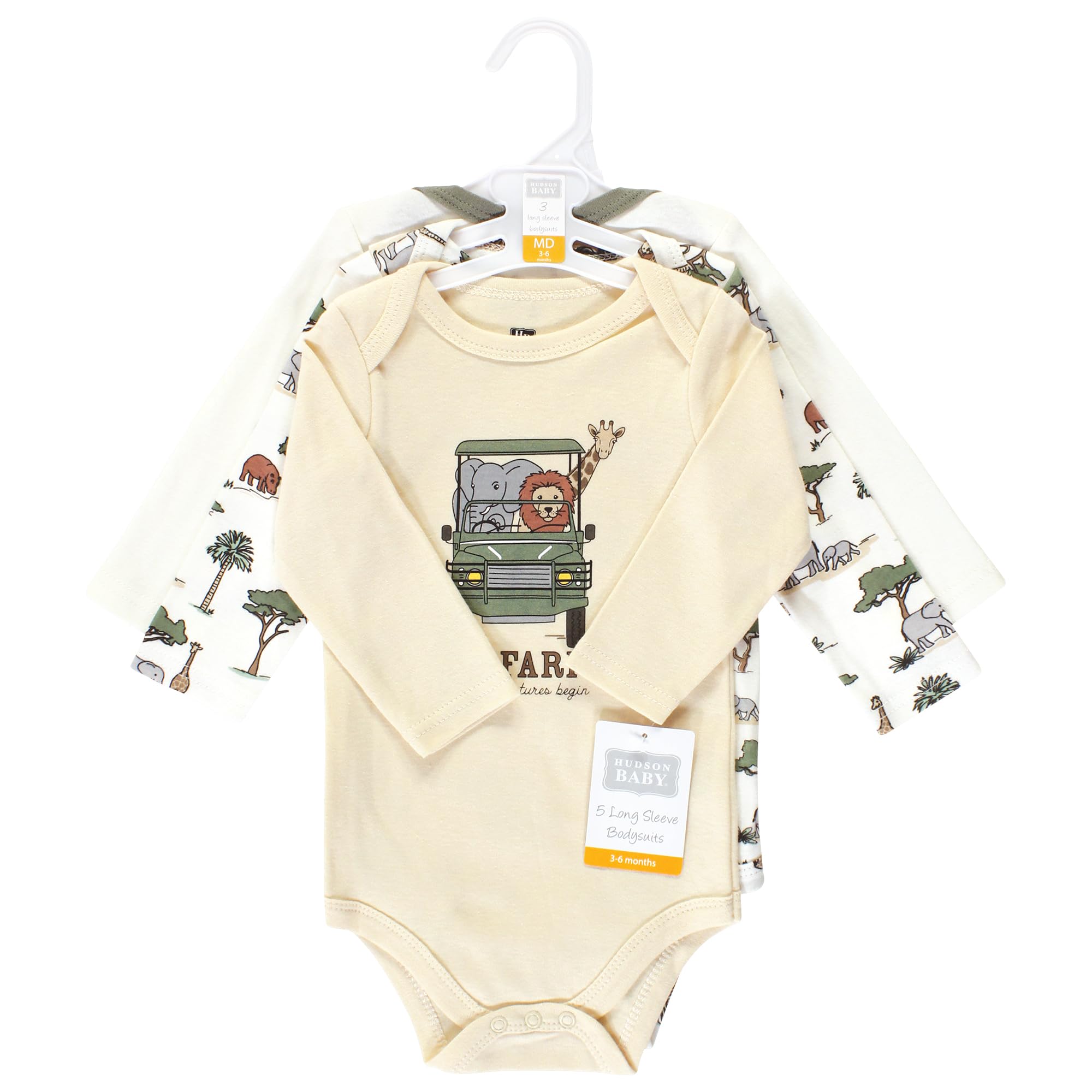Hudson Baby Unisex Cotton Long-Sleeve Bodysuits - Safari Print 3-Pack (6-9 Months) | Soft & Comfortable Infant Onesies for Playtime, Daycare & Photo Shoots