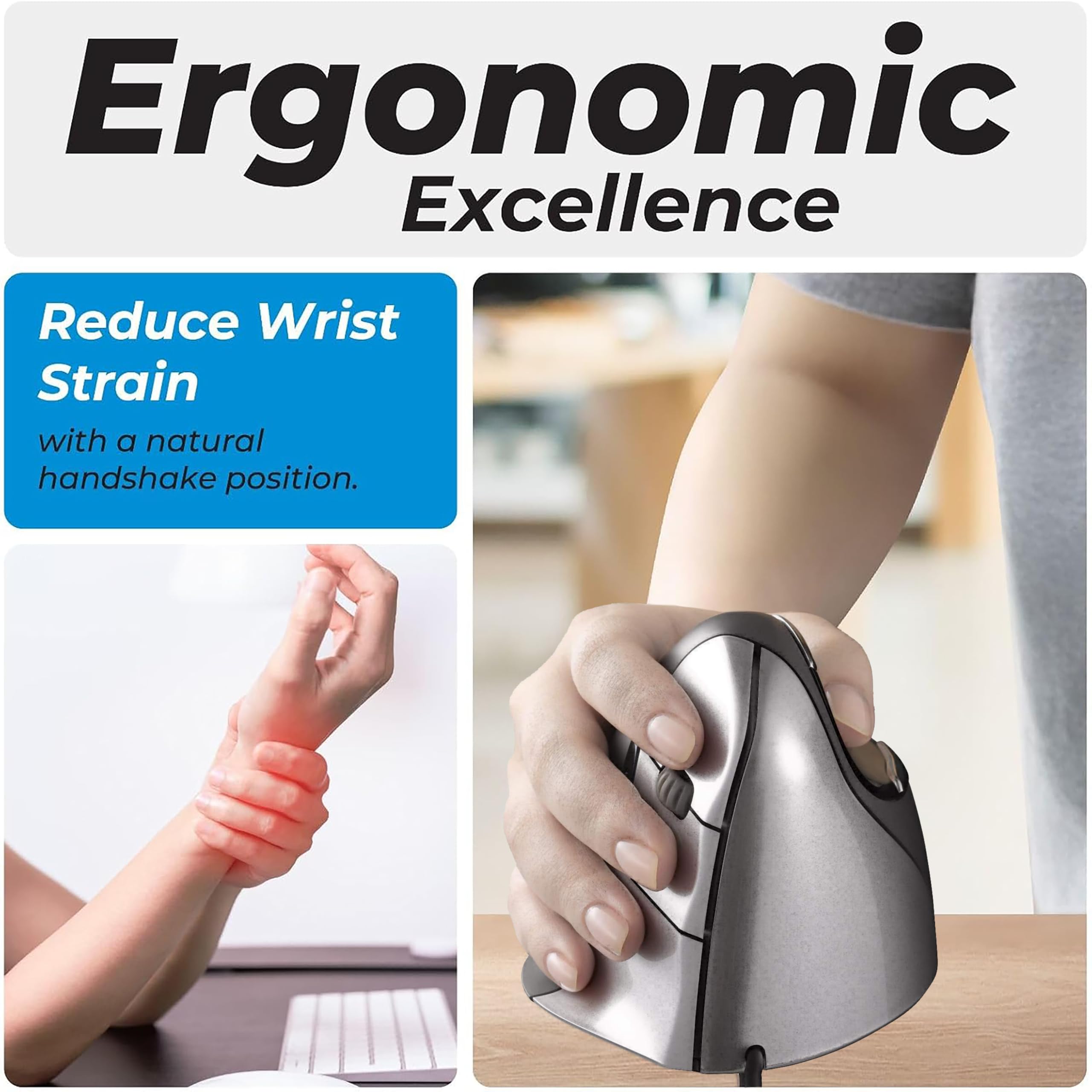 Evoluent VM4L VerticalMouse 4 Left-Handed Ergonomic USB Wired Mouse - Regular Size for Office Work, Gaming & Computer Use