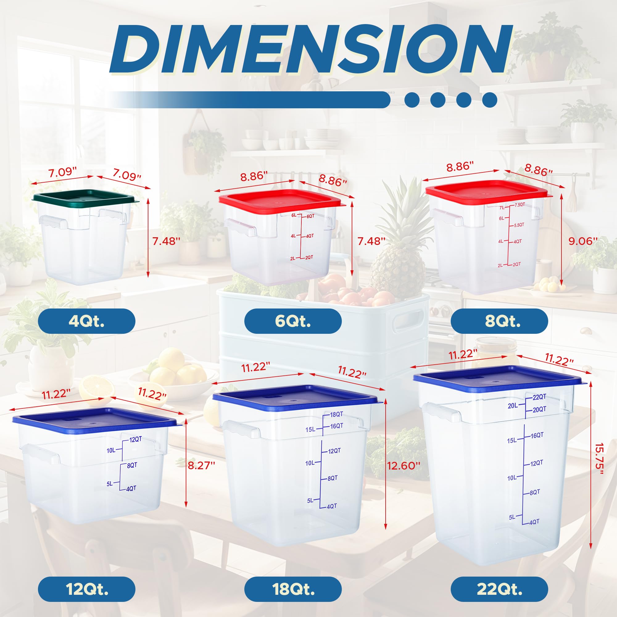 4 Pack 18QT Square Clear Polycarbonate Food Storage Containers with Lids & Measurement Scales - Commercial Grade, BPA-Free, Stackable for Kitchen, Restaurant, Meal Prep & Bulk Food Organization