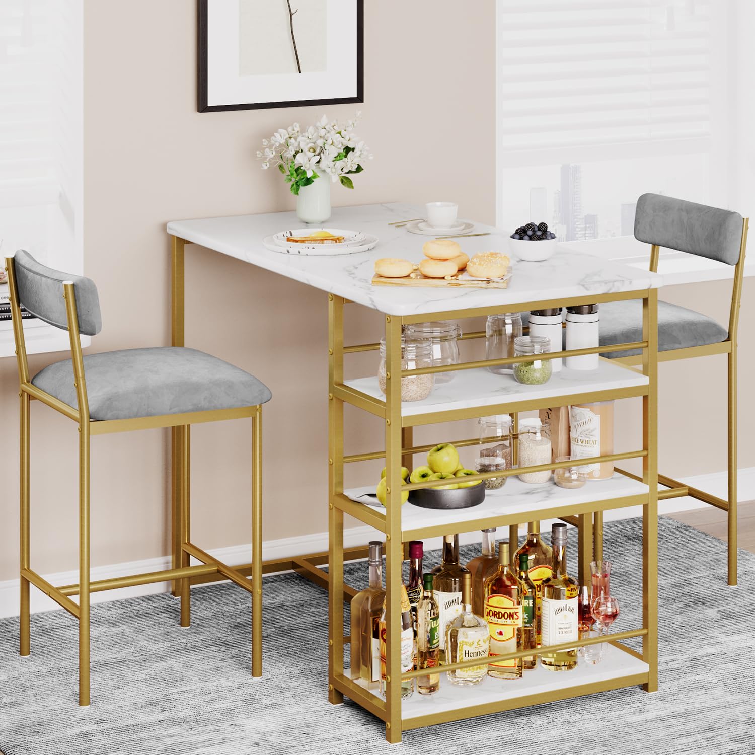 IDEALHOUSE 2-Person Kitchen Dining Table Set with Storage Shelf & 2 Upholstered Chairs - Space-Saving Bar Table for Small Apartments (Grey/Gold White) - Perfect for Breakfast Nooks, Studio Living & Compact Dining Areas