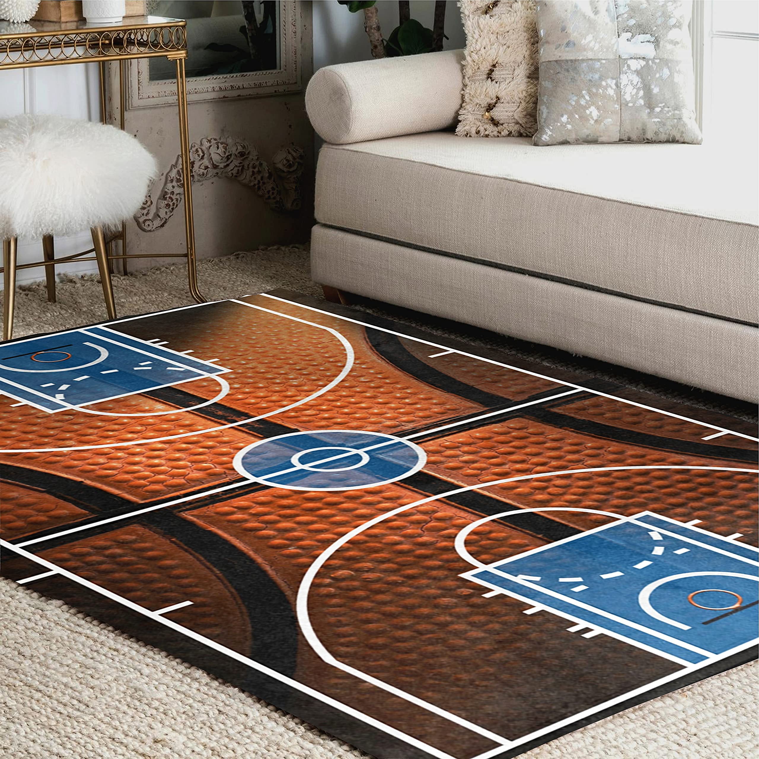 ALAZA Basketball Print Court Design Sports Area Rug - 7' x 5' Non-Slip Floor Mat for Living Room, Bedroom, Game Room & Man Cave Decor