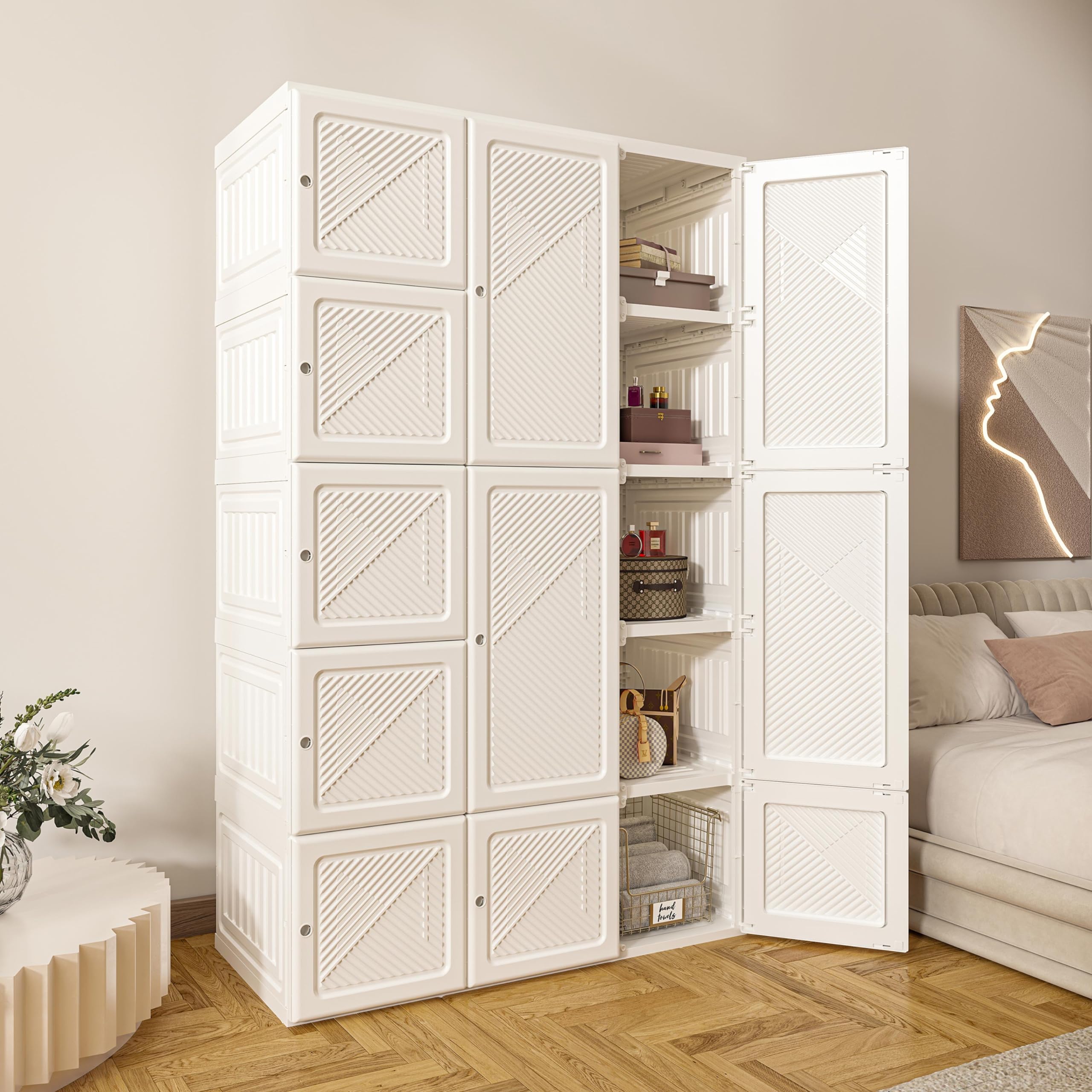 Portable Wardrobe Closet Storage Organizer - Foldable Plastic Closet with Magnetic Doors & Easy Assembly (11 Doors, 15 Cubes) | Perfect for Bedroom, Closet Organization & Small Space Storage