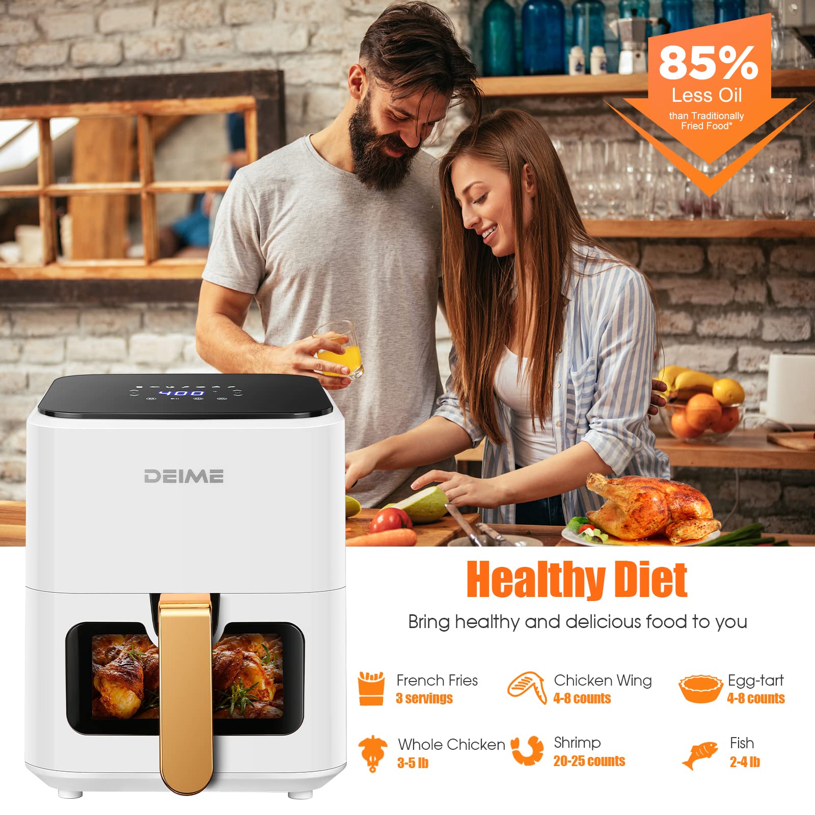 DEIME 4.2 QT Air Fryer - 1200W Oil Free Healthy Cooker with Digital LCD Touch Screen, 7 Presets, Non-Stick Basket & View Window - Perfect for Small Kitchens, Quick Meals & Healthy Cooking (White)