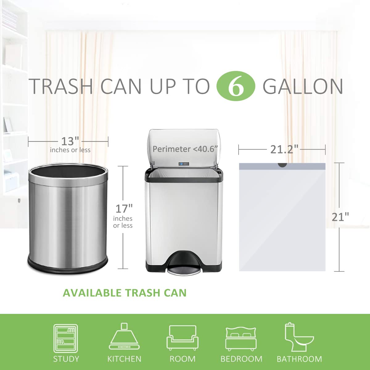 Teivio 6 Gallon 100-Count Heavy Duty Drawstring Trash Bags - Strong Leakproof Garbage Bags for Bathroom, Kitchen, Office & Home Use - White Plastic Bin Liners for Waste Cans & Trash Bins