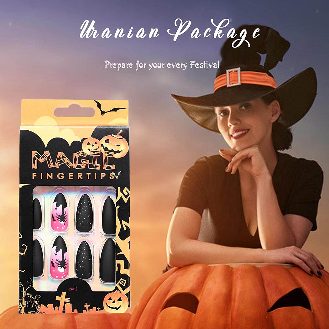 Gothic Almond Acrylic Fake Nails 24pcs - Matte Pink French Cross Design with Black Spots | Long Press on False Nails | Full Cover Stiletto Halloween Nails for Women & Girls (Pattern C) | Perfect for Costume Parties, Gothic Fashion & Special Occasions
