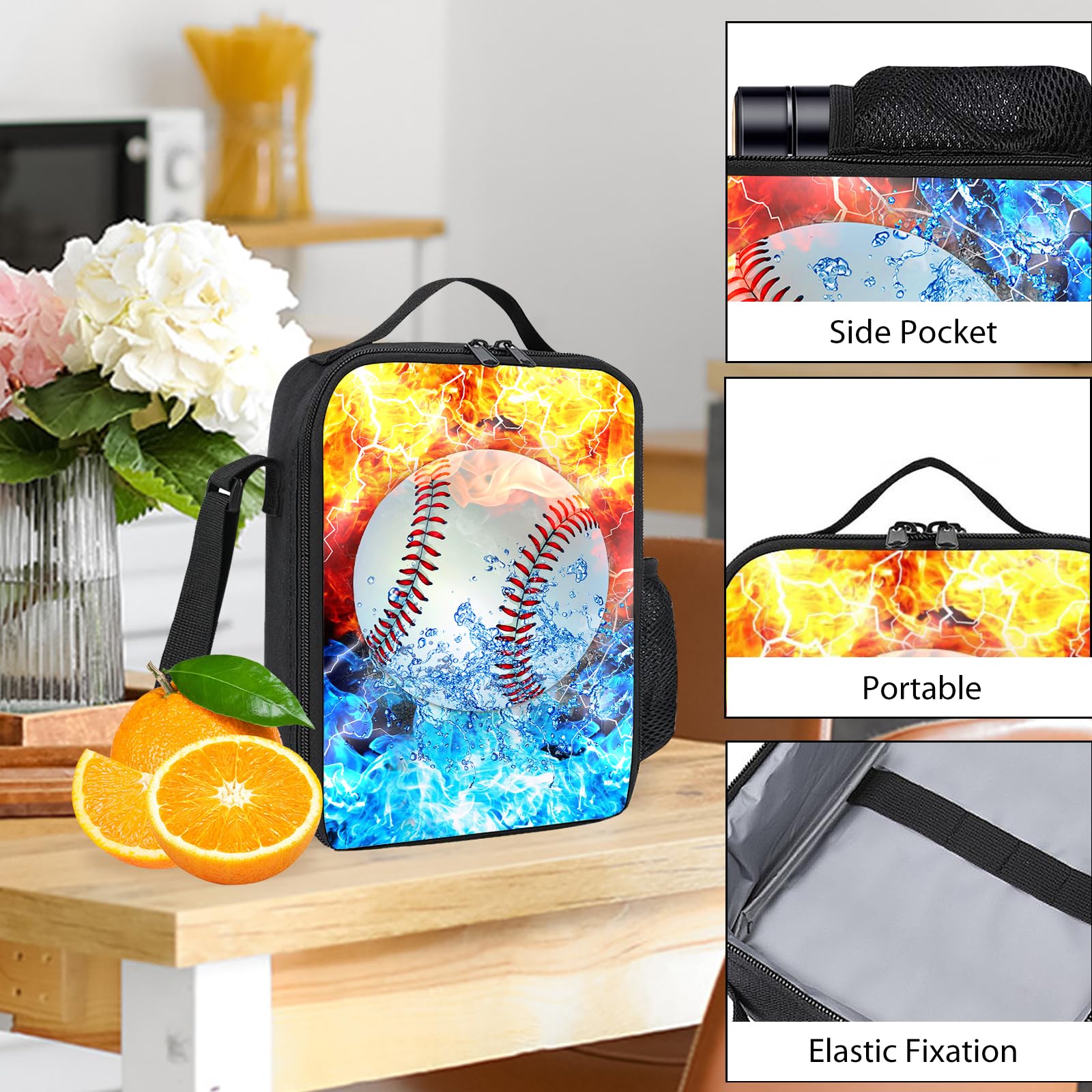 **Kids Backpack Set with Lunch Box & Pencil Case - 3PCS School Backpack for Boys & Girls, Teen Bookbag for Middle & High School Students - Baseball & Fire Design - Perfect for School, Travel & Daily Use**