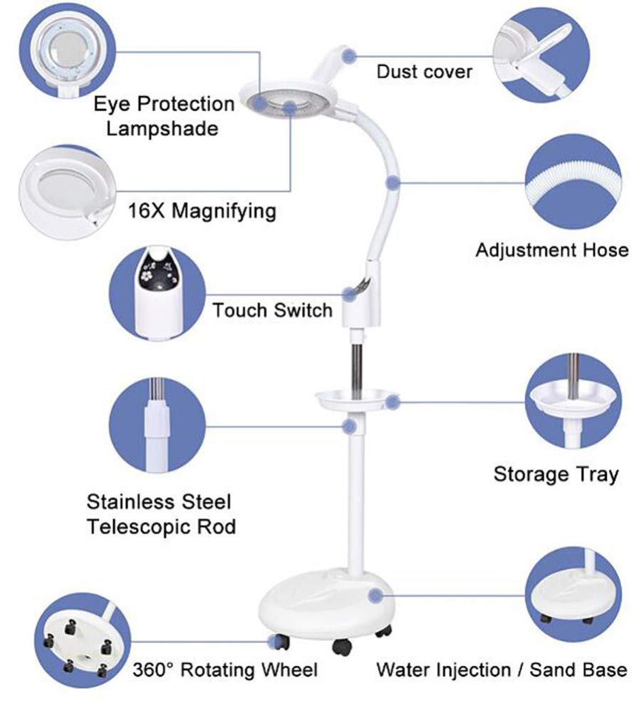 16X Magnifying Floor Lamp with 360° Rotation & Adjustable Height - LED Cold Lighting for Skin Care, Nail Art, Tattoo & Beauty Salon Use | Perfect for Professional Makeup Application & Detailed Beauty Treatments