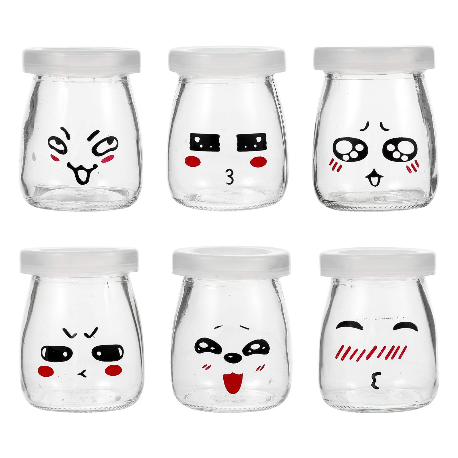DOITOOL 6-Pack 100ML Glass Yogurt Jars with Lids - Smile Face Design for Milk, Pudding, Jam, Jelly & Mousse - Perfect for Meal Prep, Baby Food Storage & Party Desserts