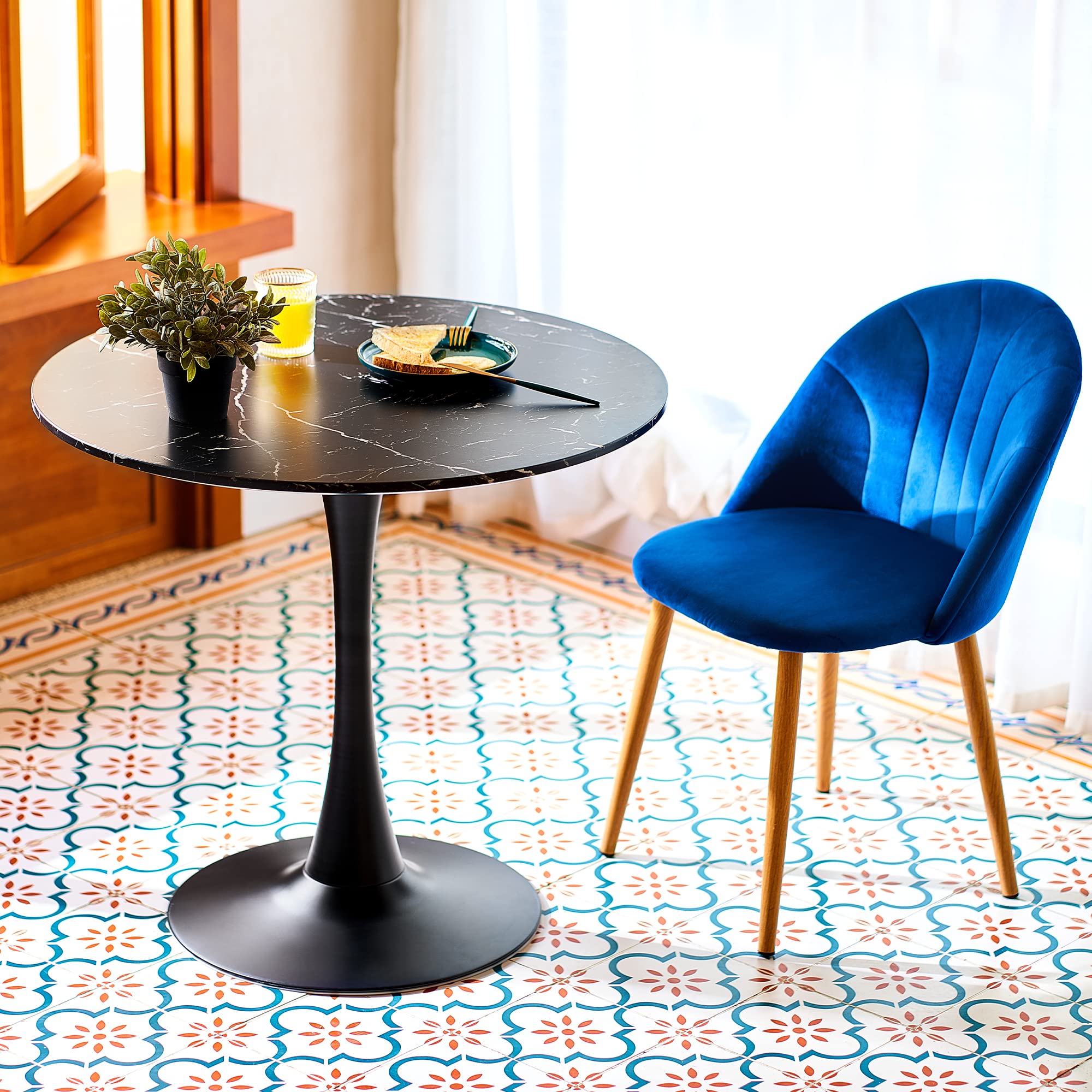 VONLUCE 32 Inch Modern Round Tulip Dining Table with Faux Marble Top & Sturdy Metal Base - 165lb Capacity for 2-4 People - Perfect for Kitchen, Bar, Patio, Living Room, and Small Space Dining - Black