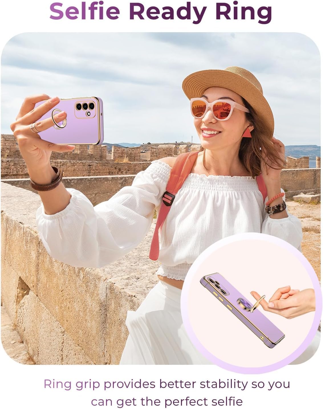 Luxury Electroplated Samsung Galaxy S24 Plus Case with Ring Holder & Lanyard - Soft Shockproof Protective Cover for Women & Girls (Purple) - Perfect for Work, Travel, and Everyday Use