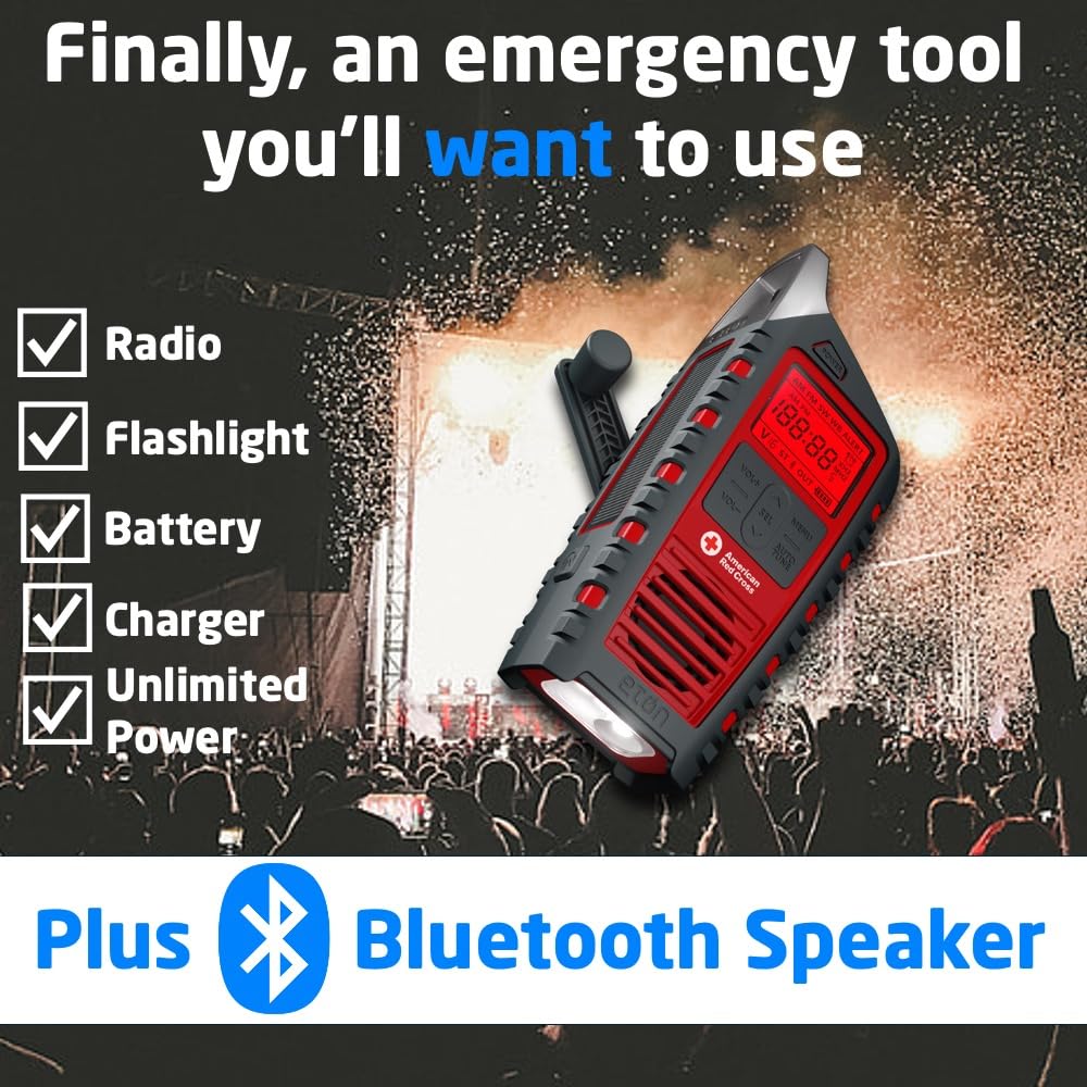 Eton Odyssey Emergency Hand Crank Radio - NOAA Weather Alert, AM/FM Shortwave, Solar Powered, Flashlight & Phone Charger, Bluetooth Speaker (Red Cross Approved) - Perfect for Camping, Hiking & Power Outages