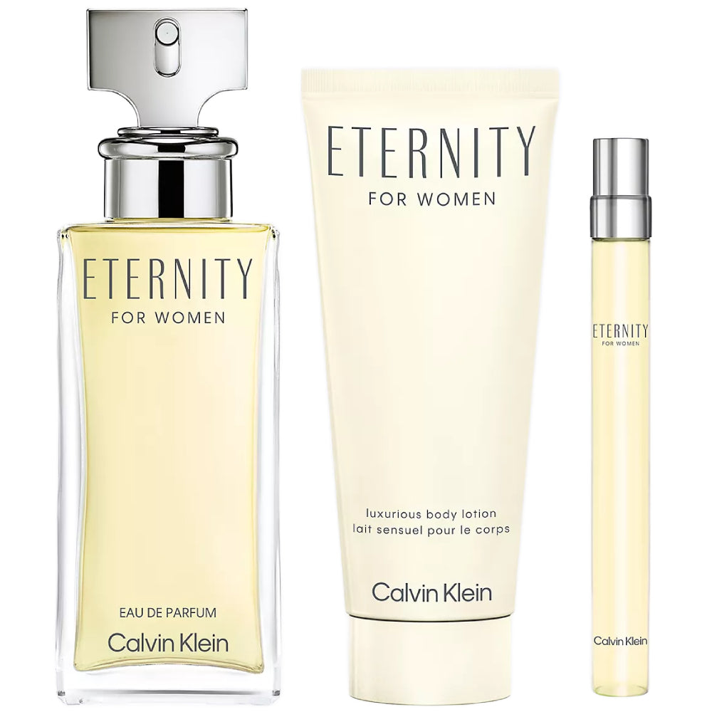 Calvin Klein Eternity Women's Perfume Gift Set Trio - Eau de Parfum, Body Lotion & Shower Gel - Perfect for Birthday, Anniversary & Valentine's Day Gifts