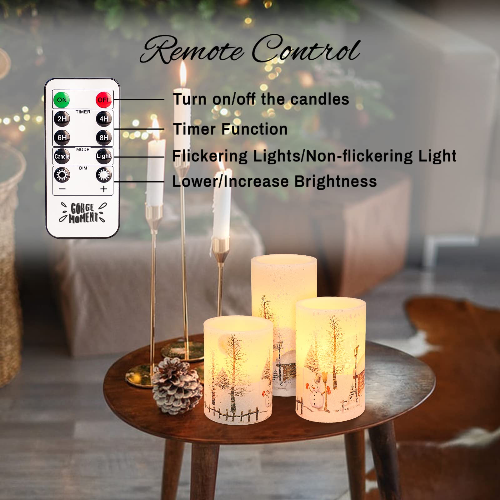 Flameless LED Candles with Remote & Timer - Real Wax Battery Operated Holiday Decor Lights for Christmas, Snowman Snow Scene - Perfect for Table Centerpiece, Room Decor, and Festive Gift Giving
