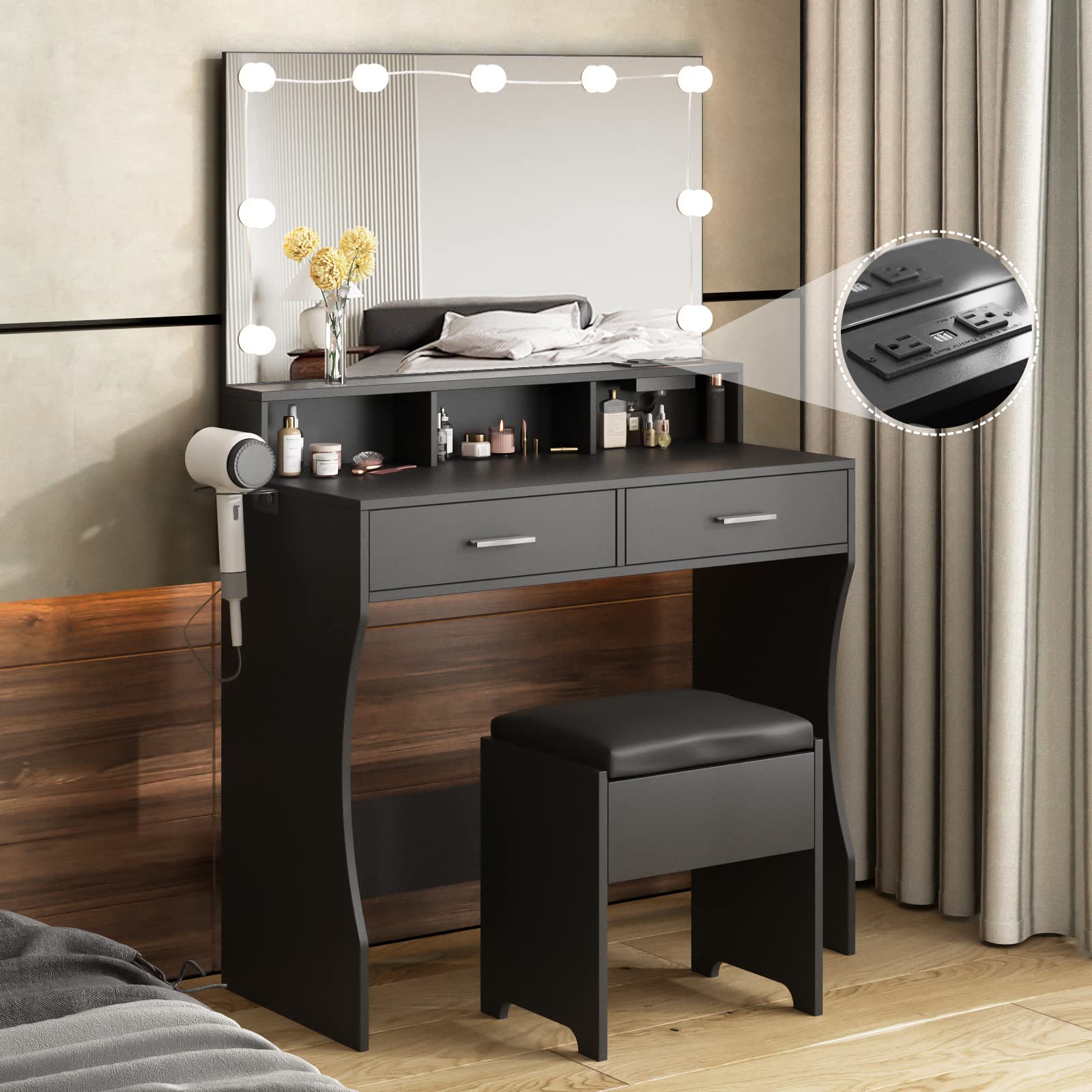 Vabches Makeup Vanity with LED Lighted Mirror & Power Outlet - Adjustable Brightness, 3 Lighting Colors, White Vanity Desk Set (31.5