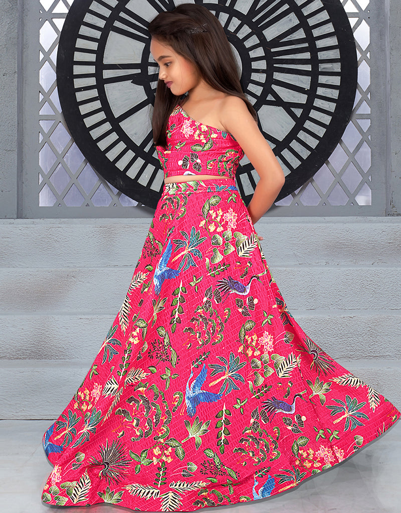 All-Season Designer Digital Print Kids Lehenga Choli with Chinon Sequins & Crochet - Pink | Perfect for Festivals, Weddings & Special Occasions