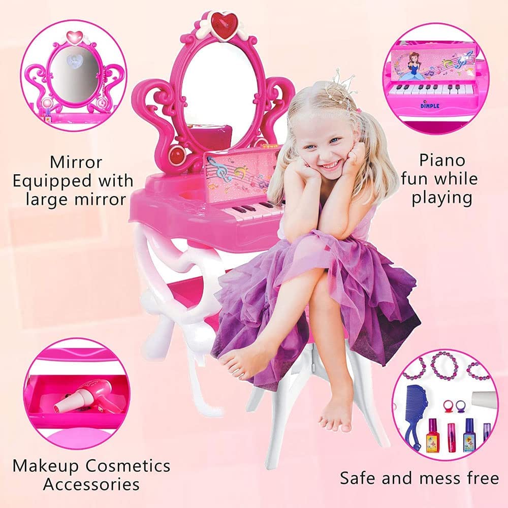 2-in-1 Princess Vanity Set with Working Piano & Hair Dryer - Pretend Play Makeup Toy for Girls (3-Piece Set) - Perfect for Birthday Gifts, Role Play & Dress-Up Games