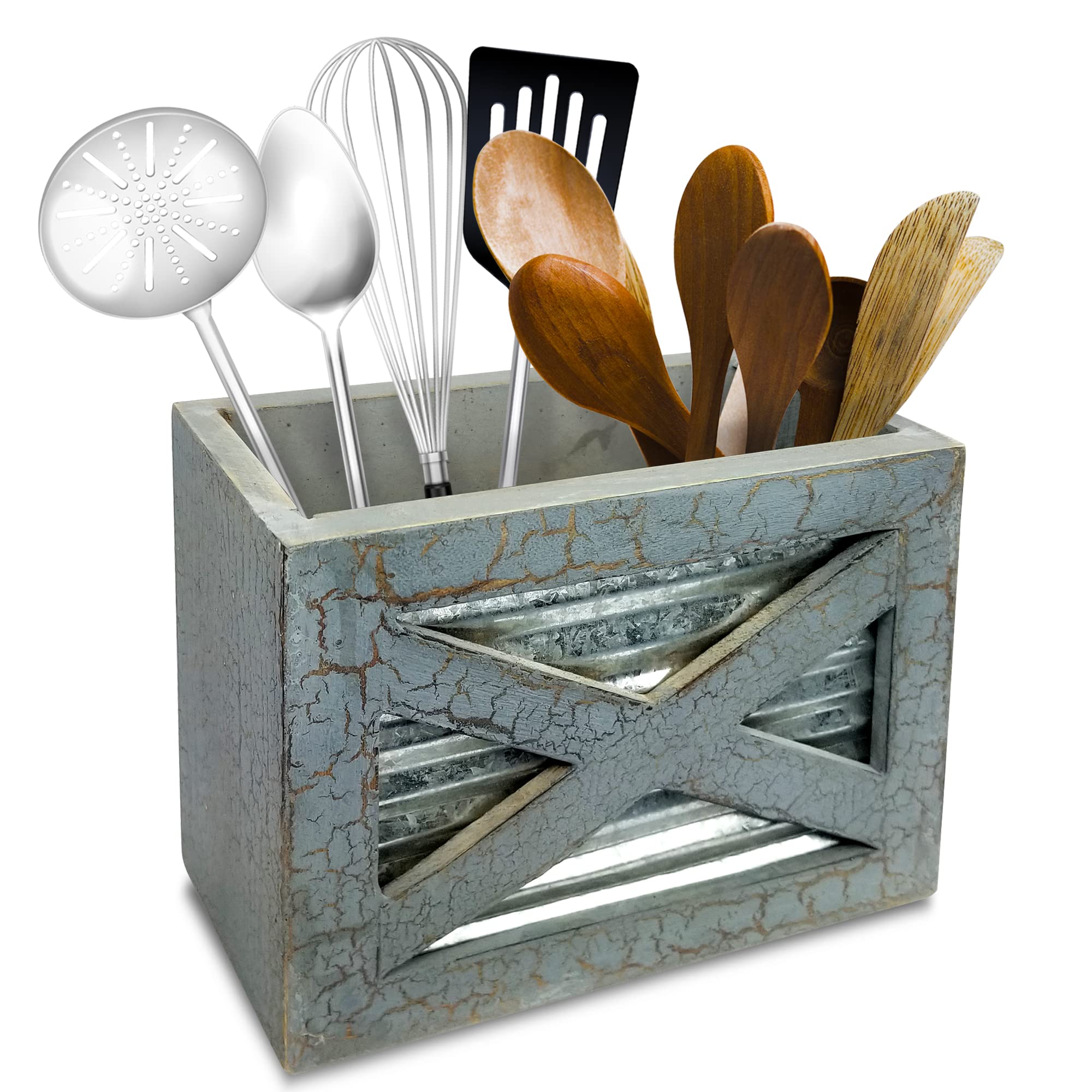 Rustic Wooden Utensil Holder - Farmhouse Kitchen Countertop Organizer in Grey | Perfect for Spoons, Forks & Cooking Tools Storage