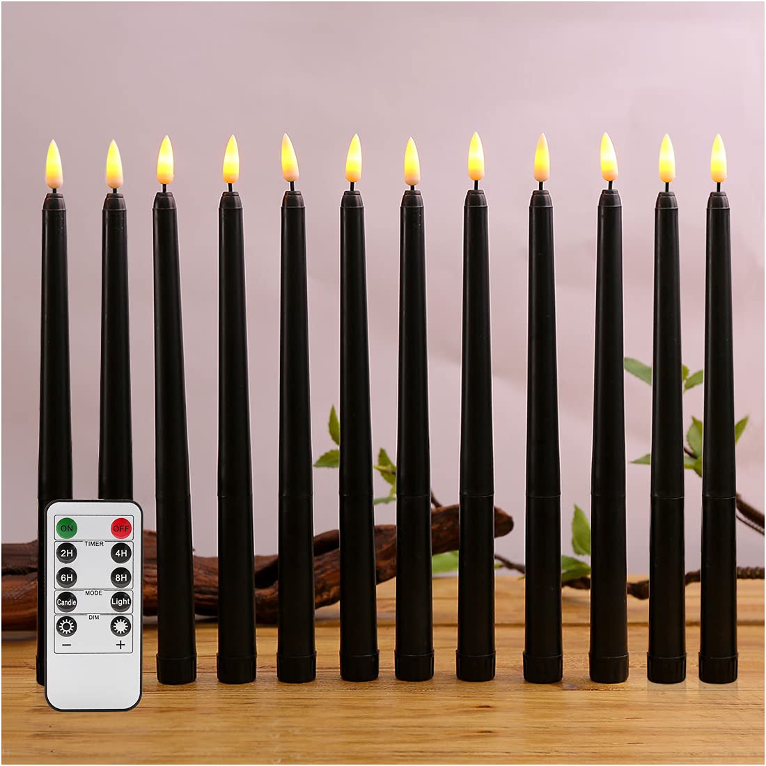 Black Halloween Flameless Taper Candles with Remote Timer - Set of 12 Flickering Battery LED Candlesticks for Spooky Decor, Haunted Houses & Gothic Weddings