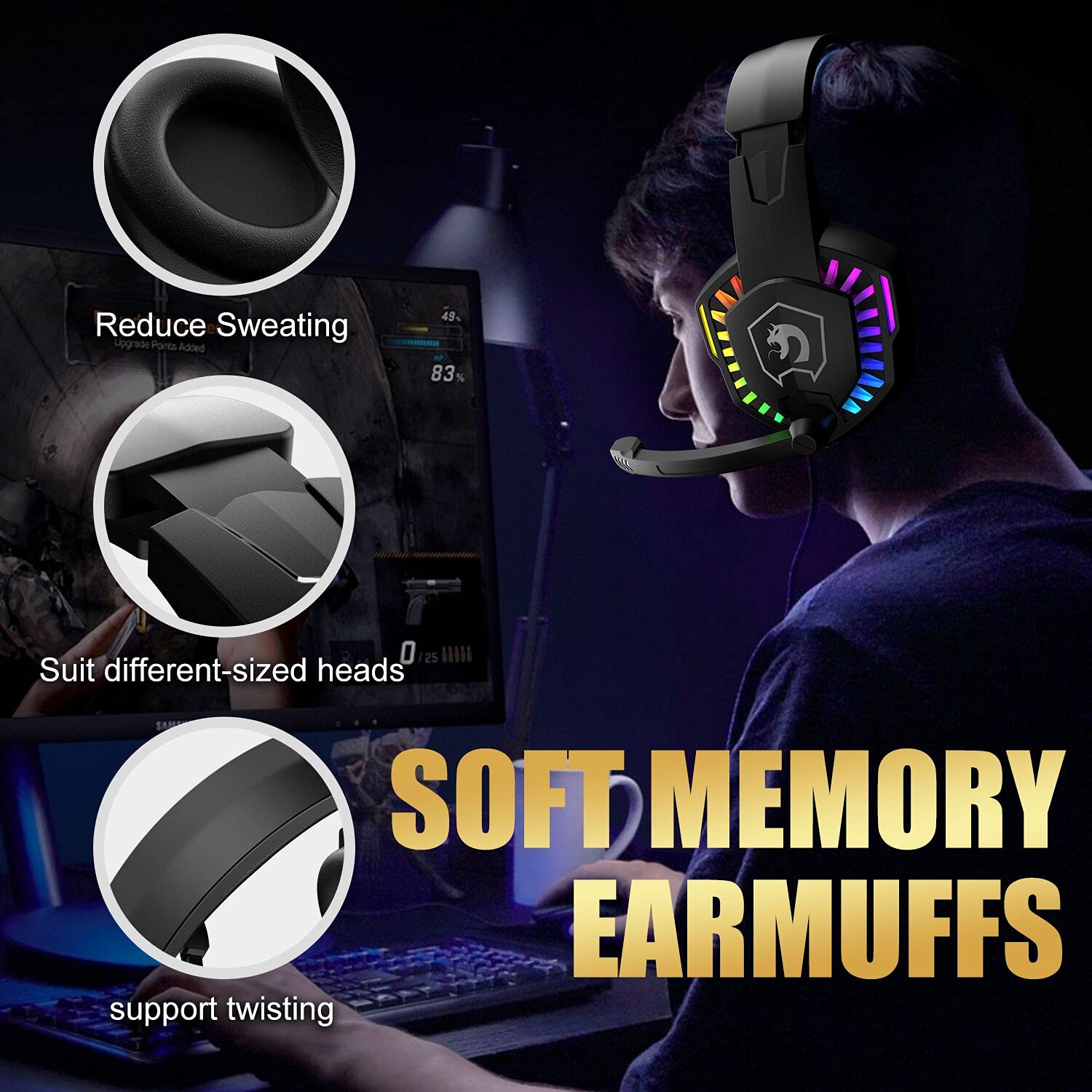 MANBASNAKE Pro Gaming Headset with Noise Cancelling Mic - Wired Over-Ear Headphones for PS5, PS4, Xbox One, PC, Mac & Laptop - RGB Lighting, Deep Bass, Memory Foam Earmuffs (Black) - Perfect for FPS, Battle Royale & Streaming Games