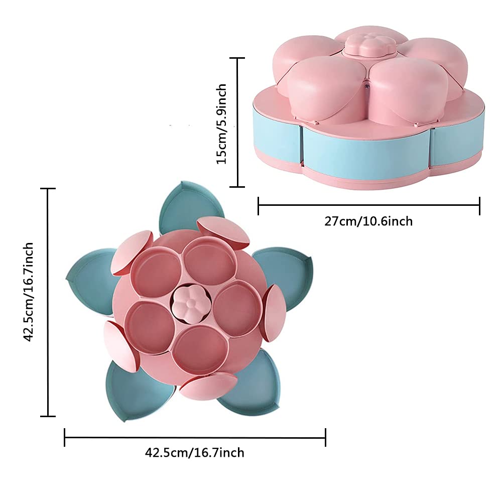 Double Deck Snack Box - 10 Grid Rotating Candy Serving Tray for Dried Fruit, Nuts, Chips & Olives | Flower-Shaped Creative Storage Container (Pink) - Perfect for Parties, Movie Nights & Home Entertaining