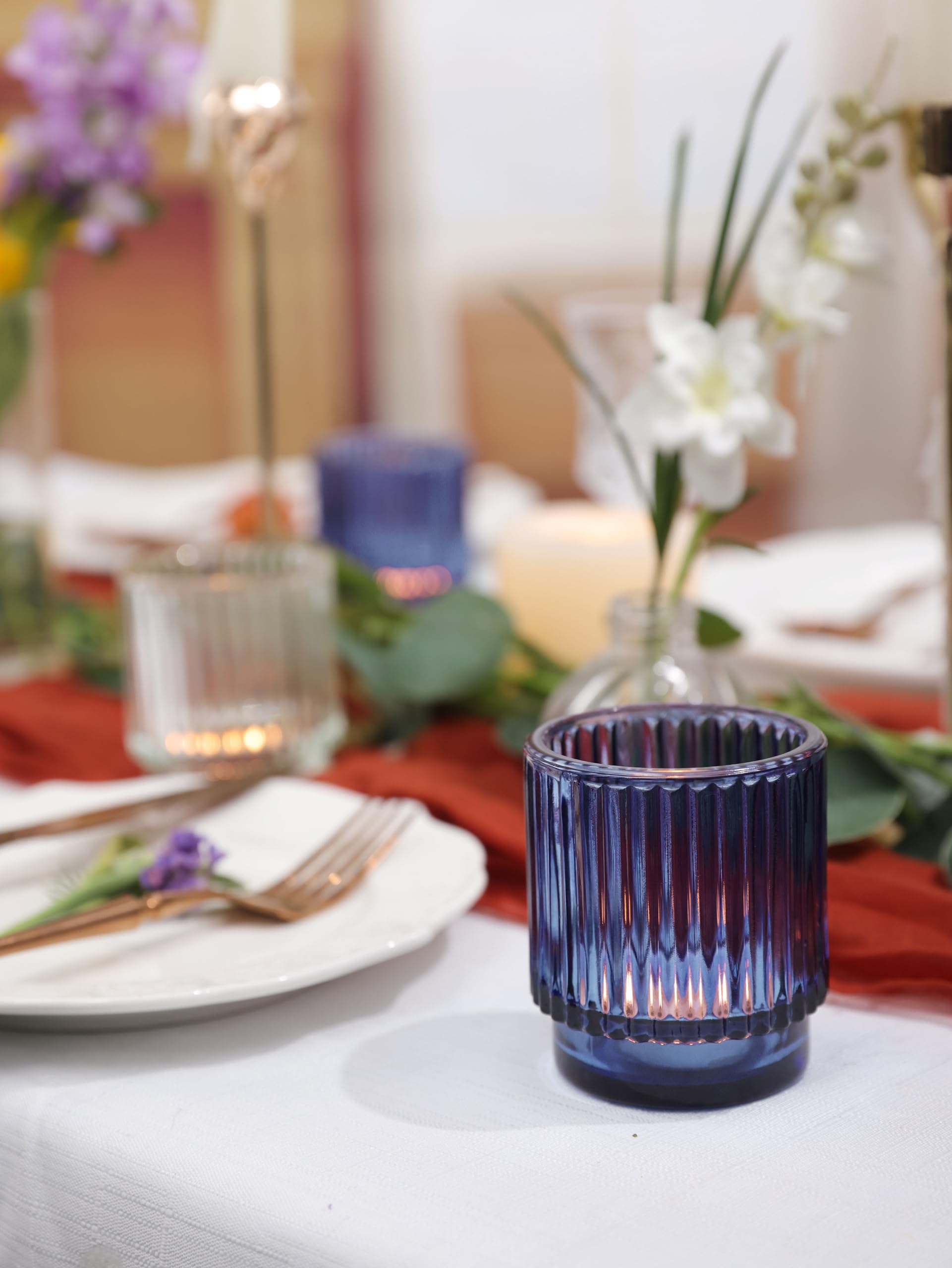 8-Piece Blue Glass Votive Candle Holders Set - Ribbed Tealight Holders for Wedding Centerpieces & Table Decorations, Navy Blue Party Decor, Perfect for Weddings, Dinner Parties, and Romantic Home Ambiance