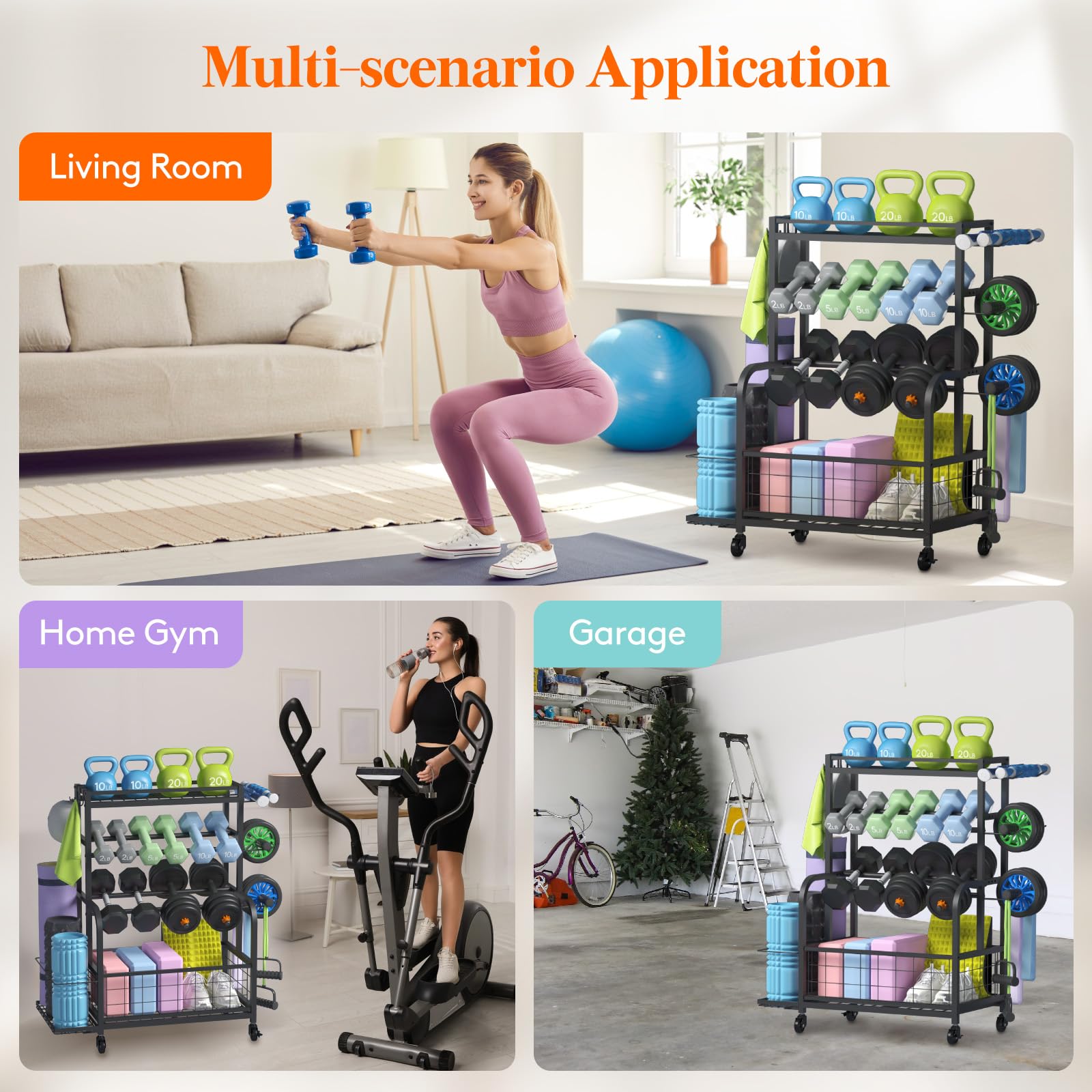 Lifewit Adjustable Weight Rack for Home Gym - Heavy Duty Dumbbell & Kettlebell Storage Organizer with Wheels, Yoga Mat Holder - Perfect for Strength Training & Home Workout Equipment Organization