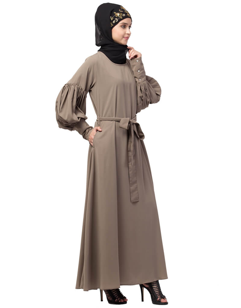 Elegant Arabic Long Cuff Full Balloon Sleeve Belted A-Line Abaya Dress in Khaki - Perfect for Modest Fashion, Islamic Prayer & Special Occasions