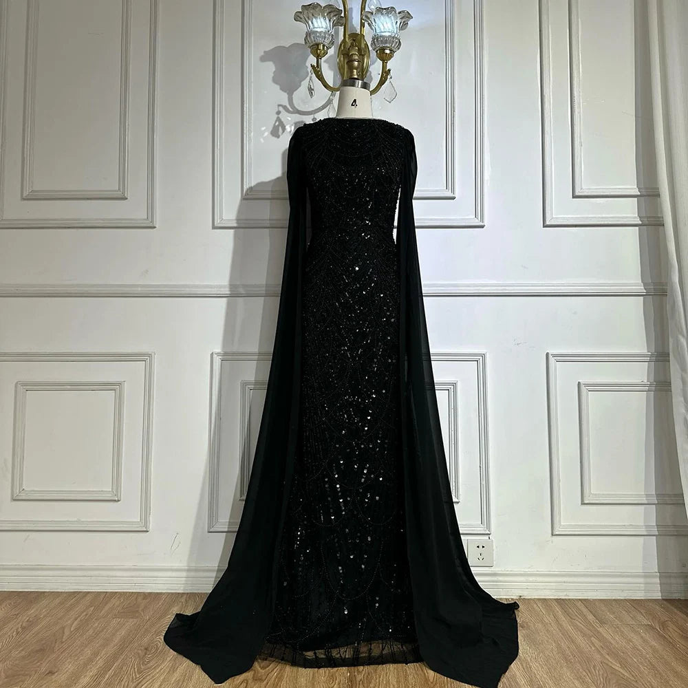 Luxury Dubai Saudi Arabia Blue Mermaid Cape Sleeve Beaded Evening Gown LA72160A - Elegant Formal Dress for Prom, Gala & Red Carpet Events