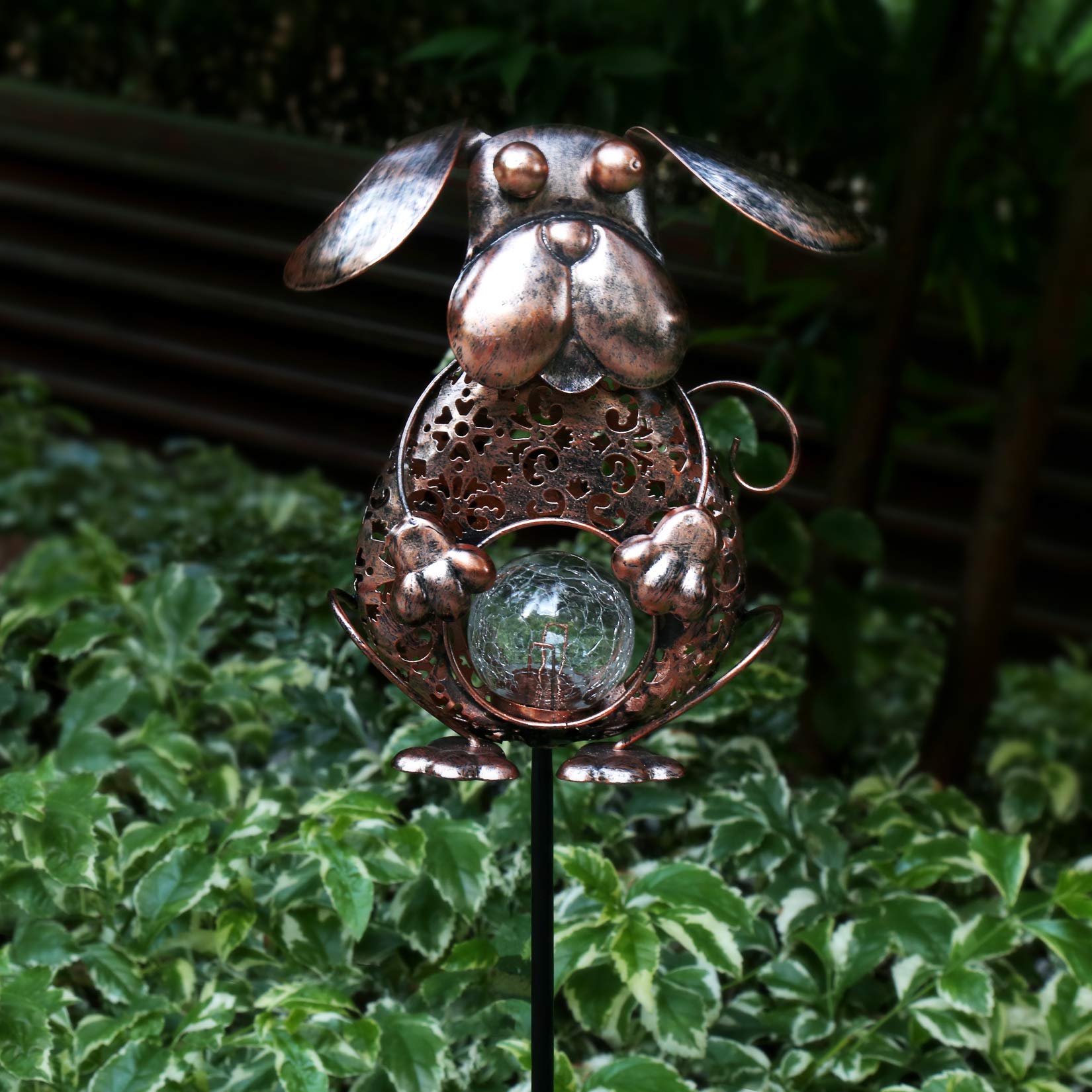 KAIXOXIN Solar Garden Lights - Waterproof Metal Dog Crackle Glass Globe Stake Light, Warm White LED Solar Path Lights for Outdoor Decoration (Dog-Bronze) | Perfect for Walkways, Patios, Lawns & Backyard Landscaping