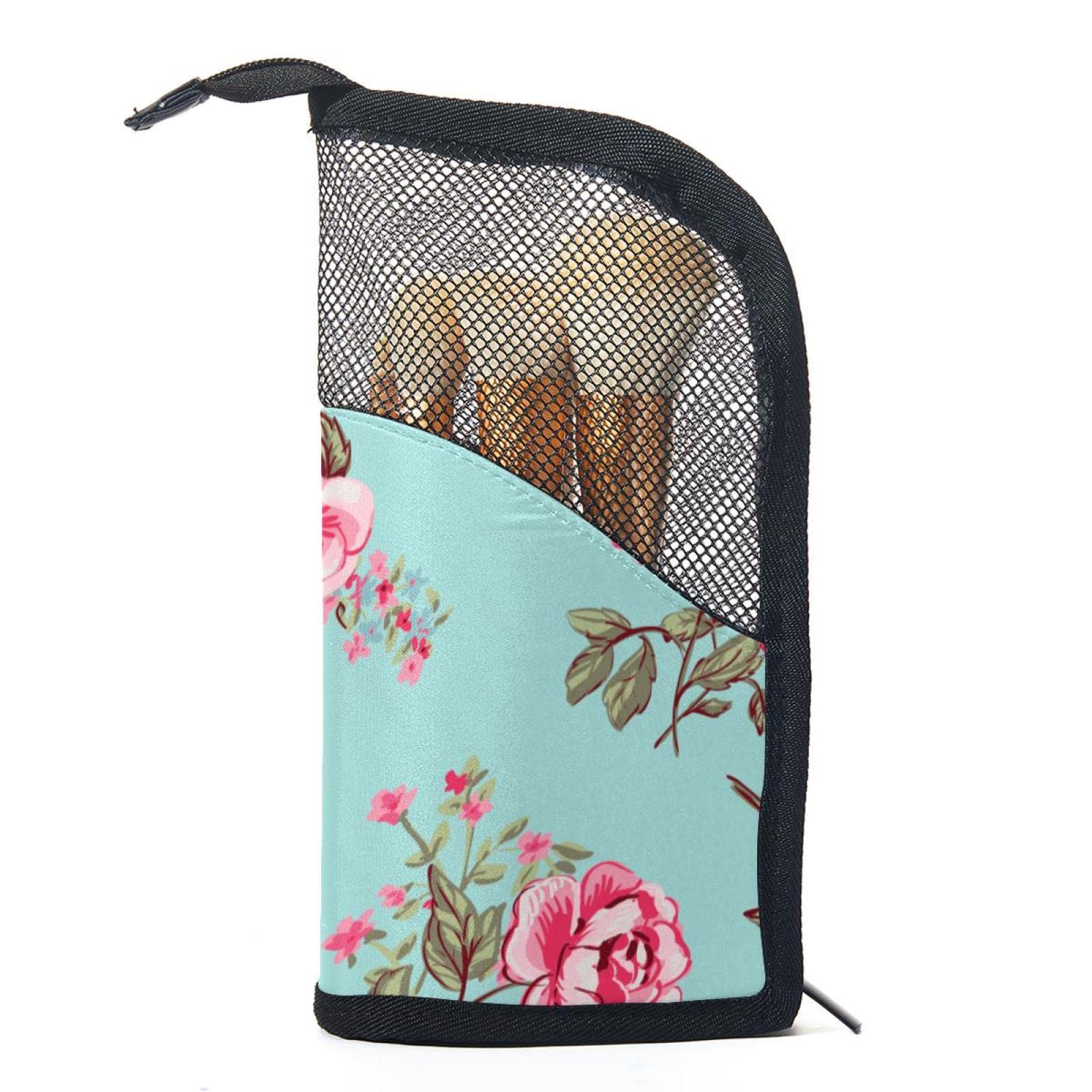 Floral Rose Makeup Brush Organizer Bag with 12 Brushes - Portable Minimalist Cosmetic Brush Holder Case for Travel & Home Vanity Organization