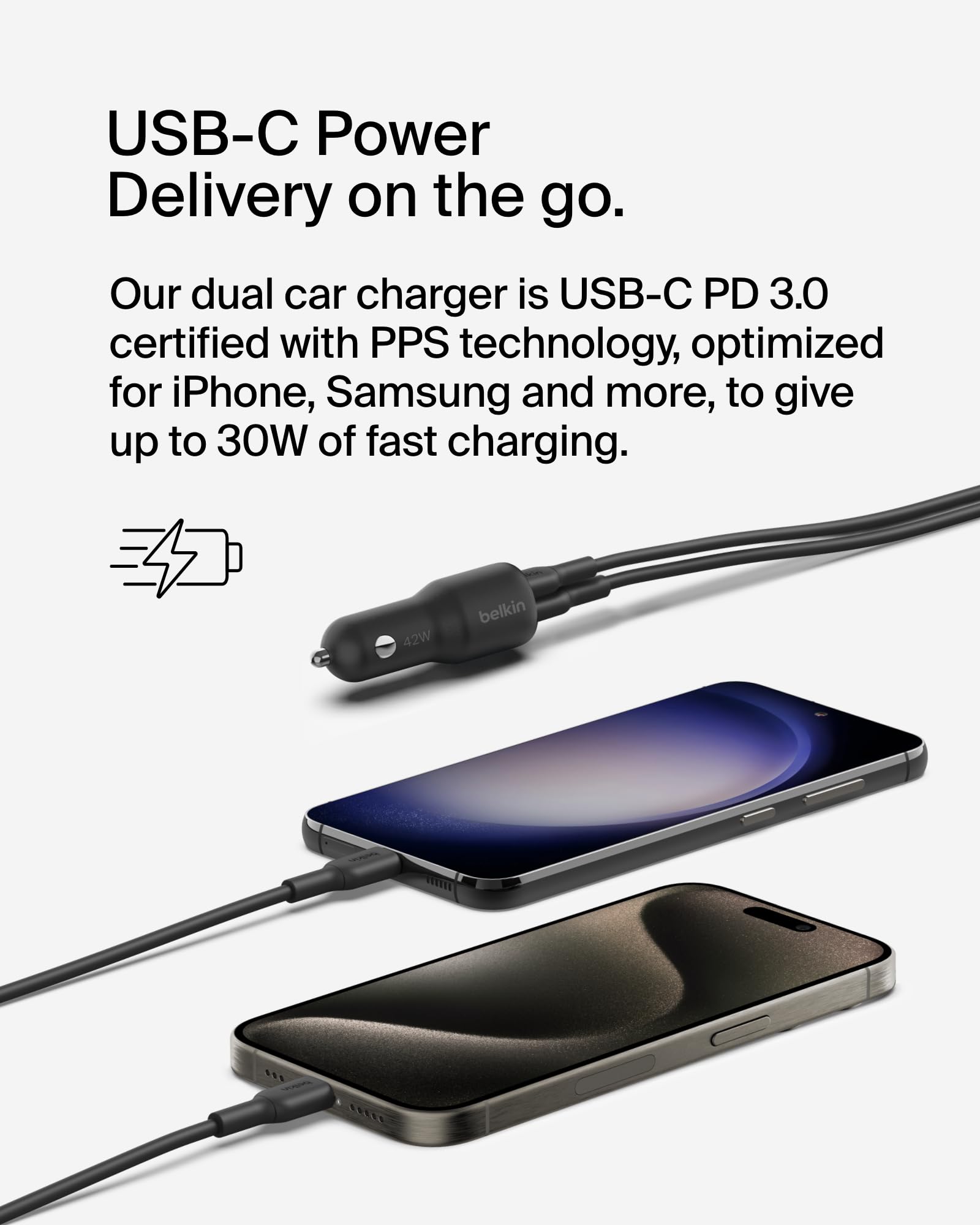Belkin BoostCharge 42W Dual Port Fast Car Charger with 30W USB-C PPS & 12W USB-A - Compatible with iPhone 16/15 Series, Samsung Galaxy S25 - Includes USB-C Cable - Perfect for Road Trips & Daily Commutes - Black