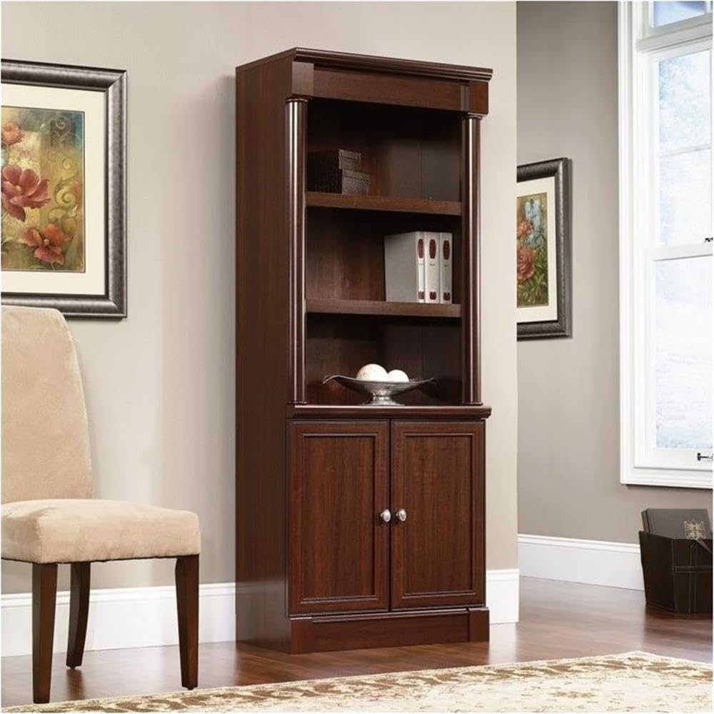 Pemberly Row Library Bookcase with Doors in Select Cherry - Solid Wood Bookshelf for Home Office, Living Room & Study - Stylish Storage for Books, Decor & Essentials