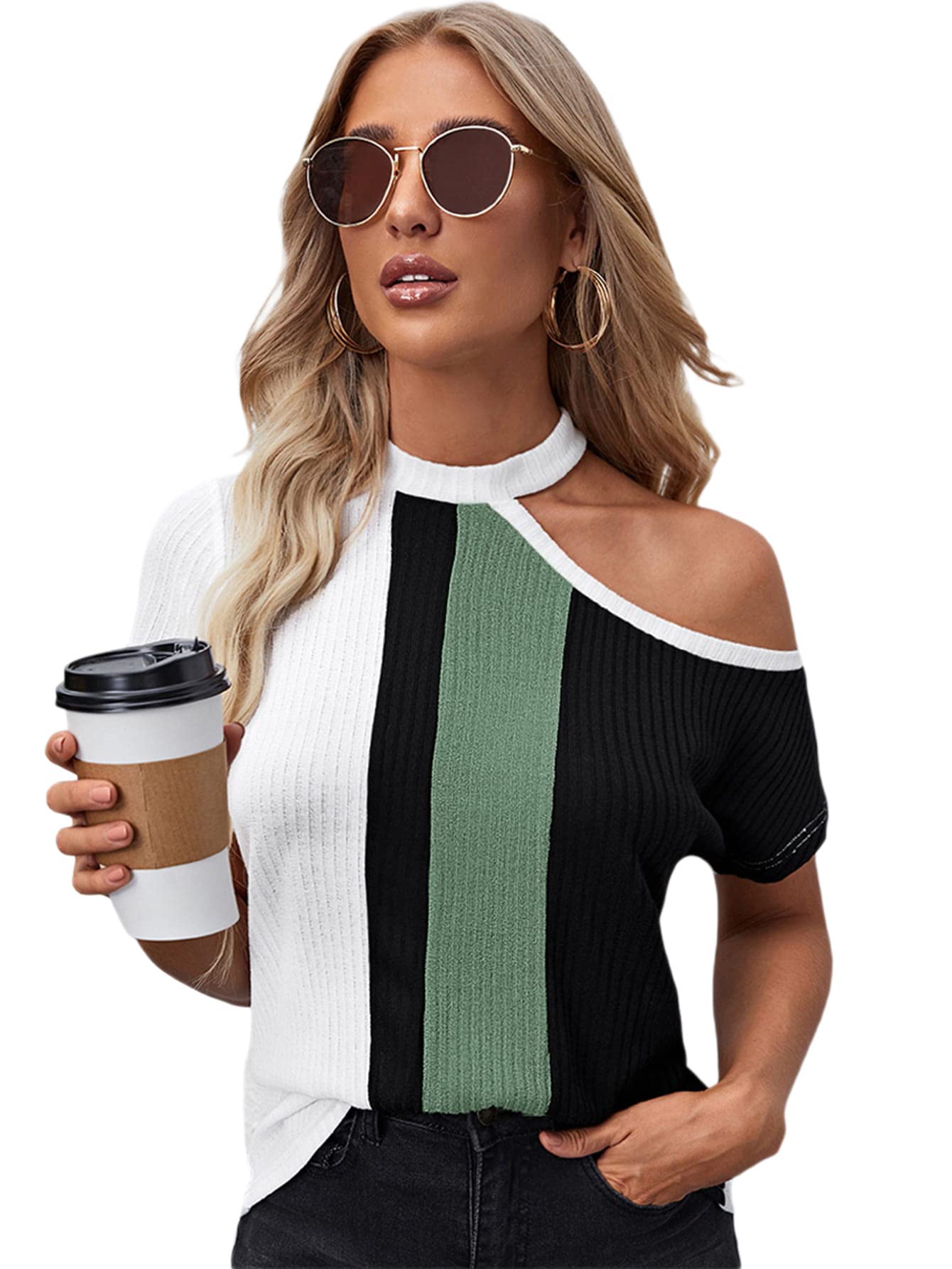 SheIn Women's Casual One Shoulder Short Sleeve Rib Knit Colorblock Tee Shirts - Trendy Summer Top for Beach, Party & Everyday Wear