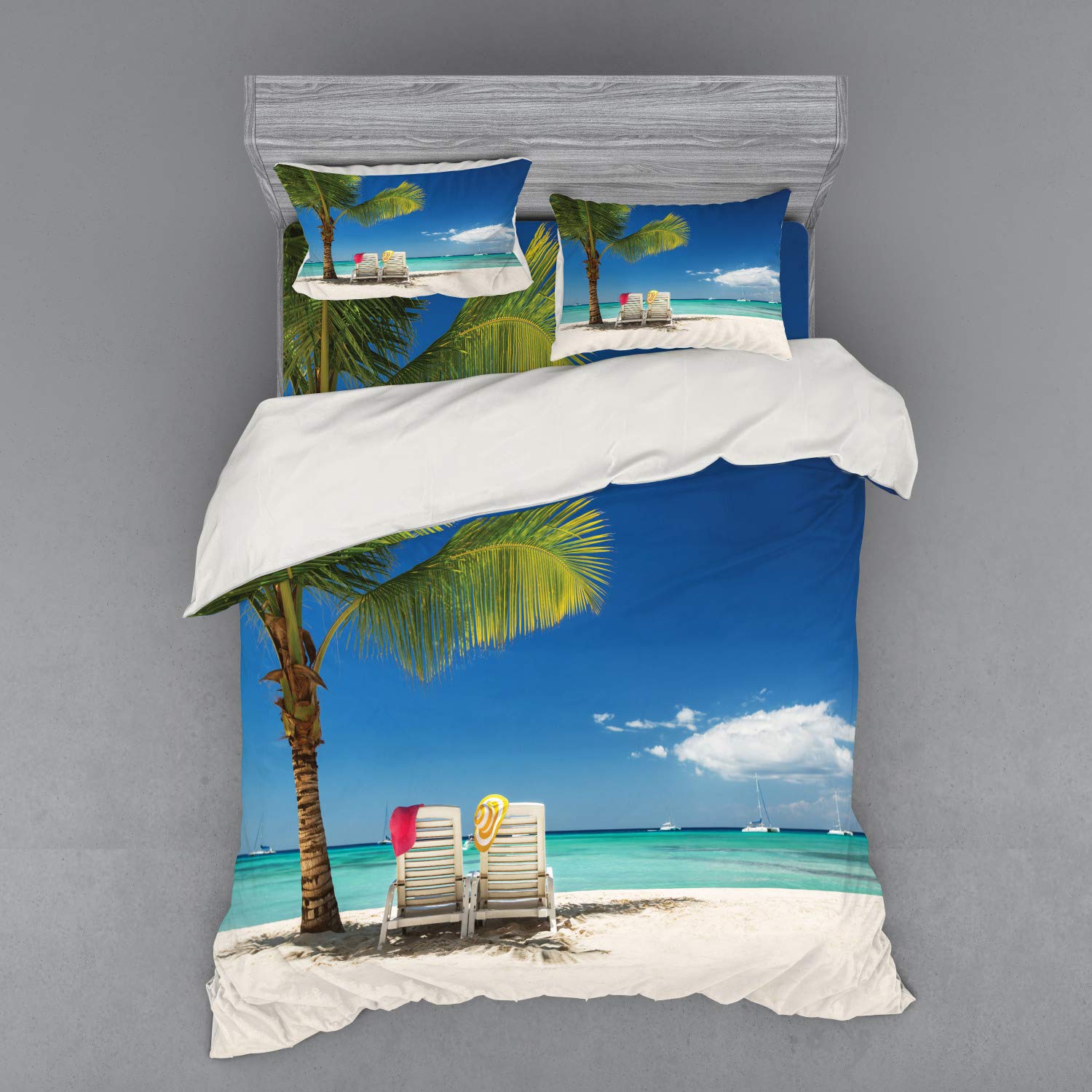 Ambesonne Seaside Queen Size 4-Piece Bedding Set - Blue Green Tropical Beach Duvet Cover with Palm Tree Chairs & Boats Design | Includes Shams & Fitted Sheet | Perfect for Coastal Themed Bedrooms, Vacation Homes & Beach House Decor