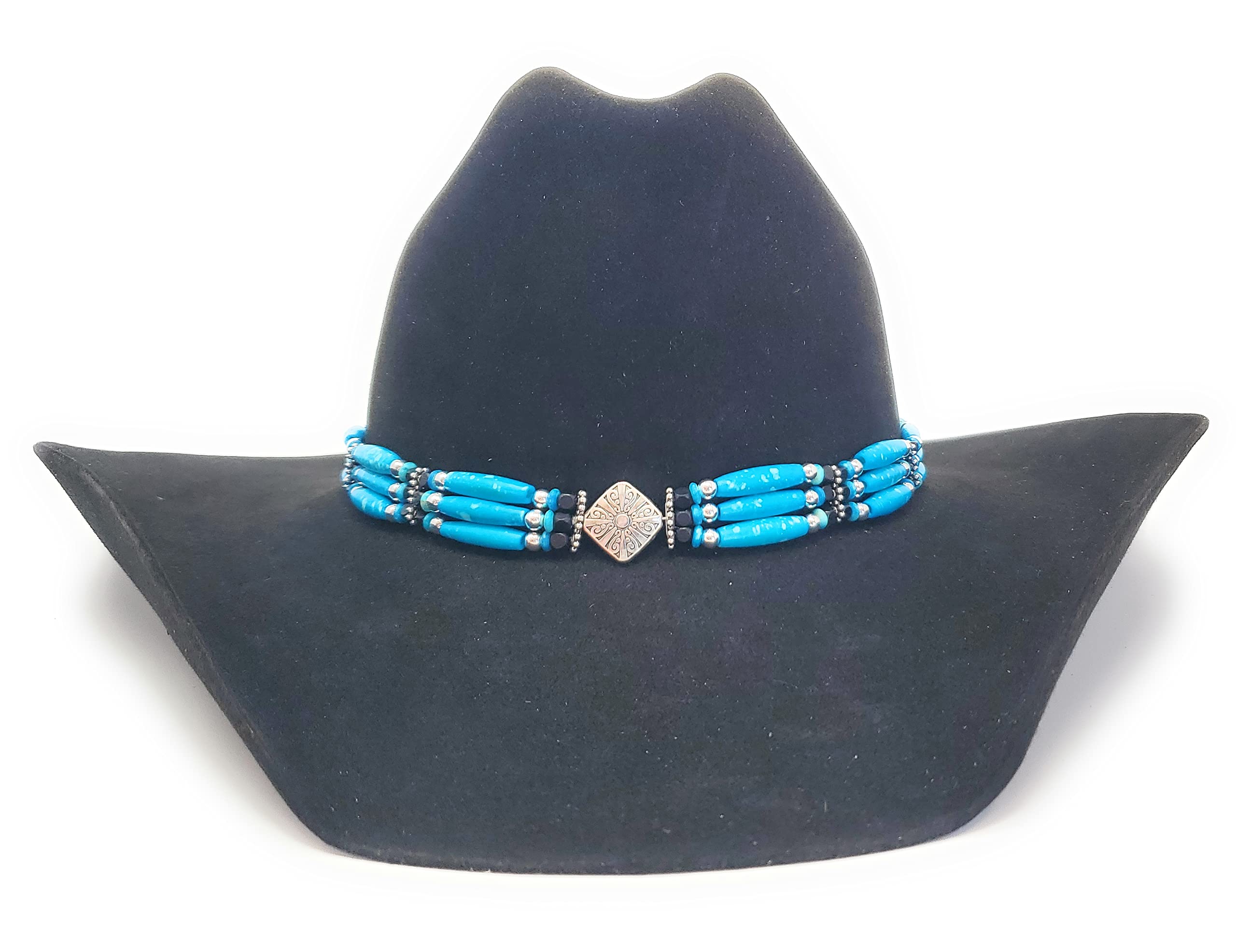 Handmade Western Cowboy Hat Band with Turquoise Hairpipe Beads & Metal Diamond Centerpiece - Vintage Style Accessory for Rodeo, Country Music Festivals & Western Fashion