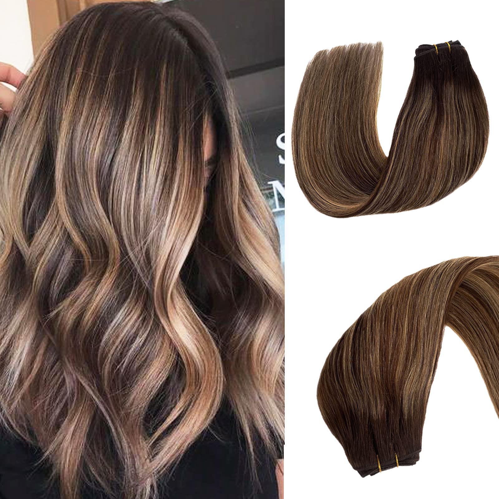 22 Inch Sew-In Weft Hair Extensions - 100% Real Human Hair with Blonde Highlights & Brown to Golden Brown Shades | Hand-Tied 120g Bundles for Volume & Length | Perfect for Weddings, Parties & Daily Styling