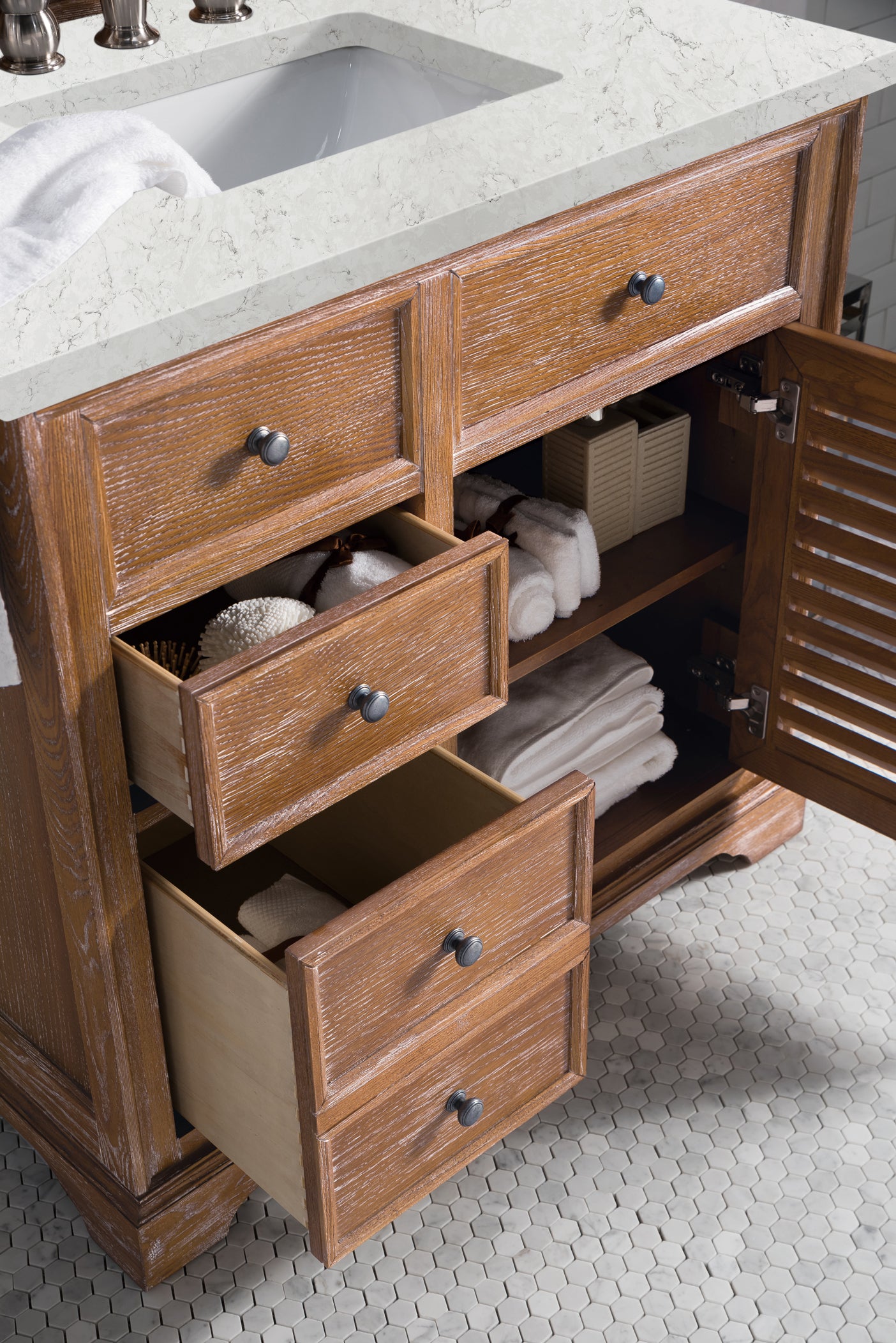 Savannah 36 Inch Single Vanity Cabinet in Driftwood Finish with 3CM Eternal Jasmine Pearl Quartz Countertop - Perfect for Bathroom Makeover, Modern Home Decor & Spa-Style Retreats