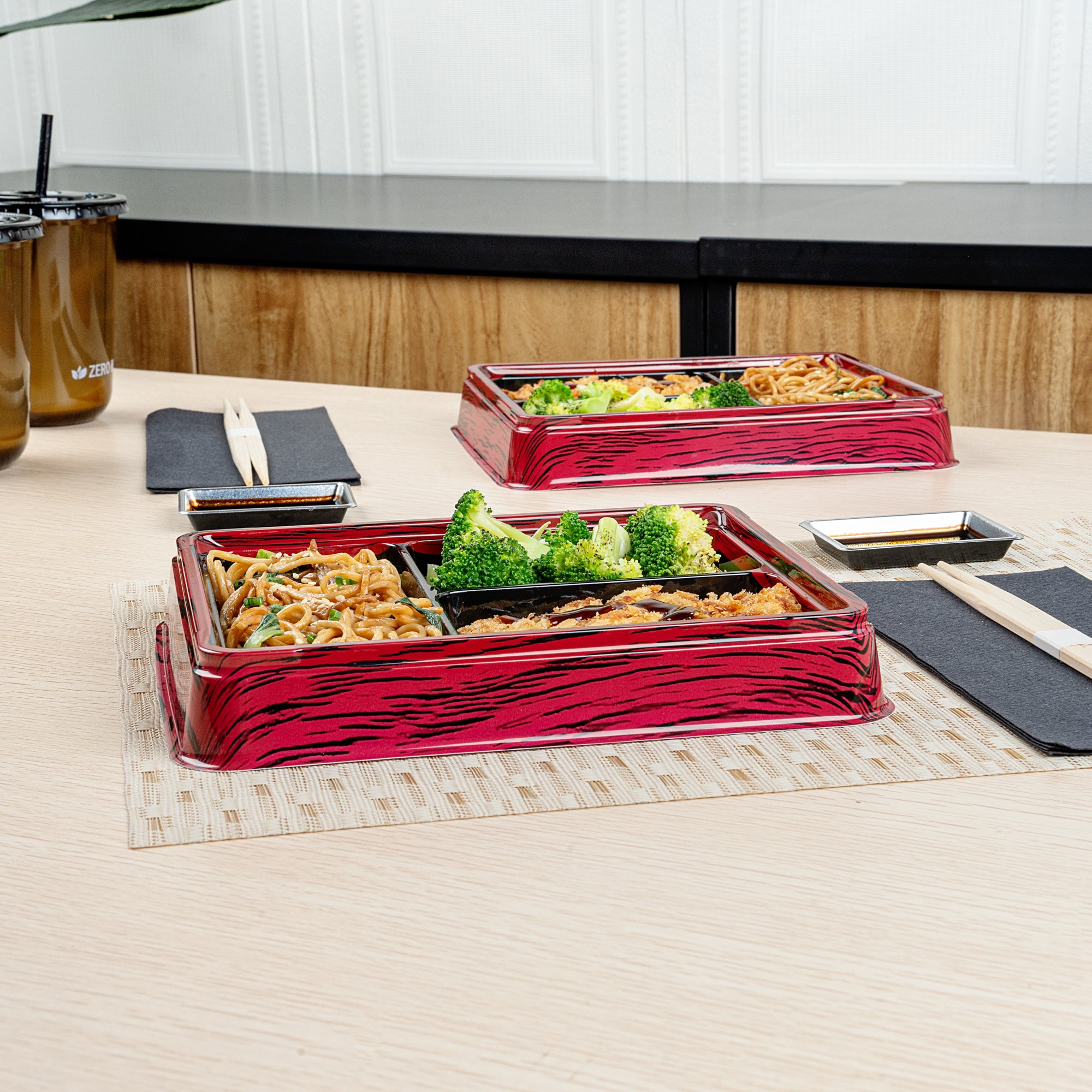 Bento Tek 16 oz Rectangle Red and Black Plastic Bento Box - 3 Compartments Lunch Container (8.75