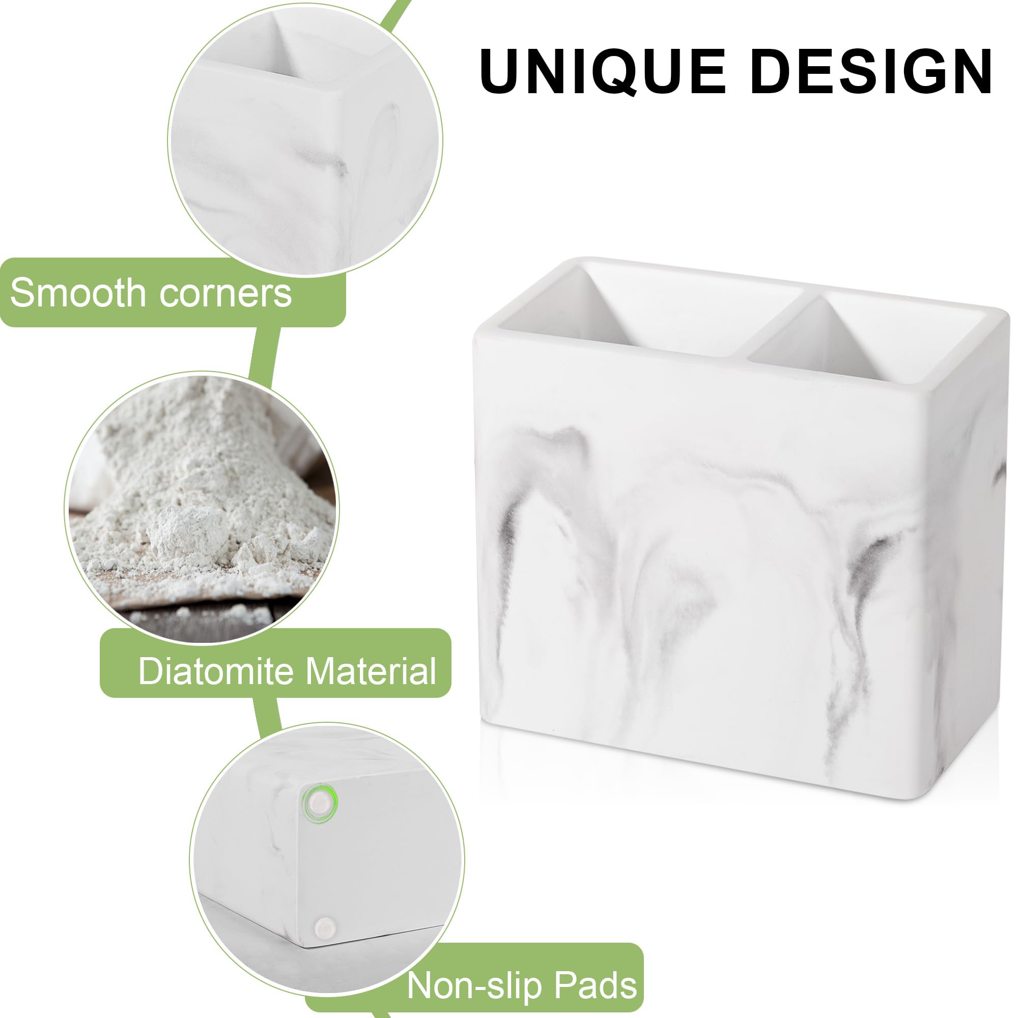 Diatomite Toothbrush Holder with 2 Slots - Bathroom Organizer for Kids Electric Toothbrush & Toothpaste | Countertop, Shower, Vanity Storage | Marble White | Perfect for Modern Bathrooms & Family Homes