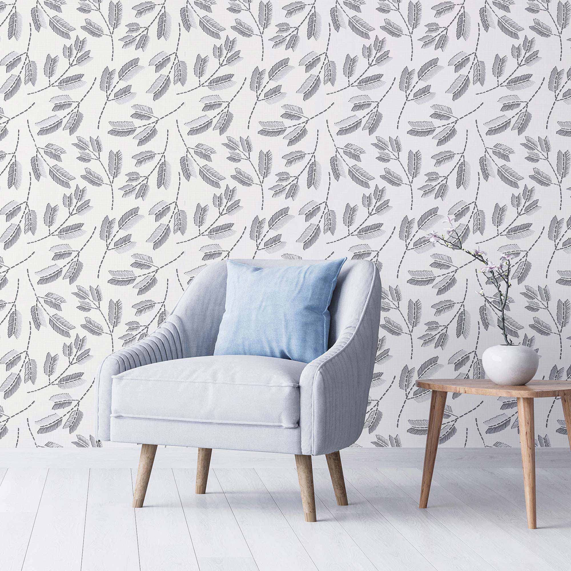 Grey Leaves Peel and Stick Removable Wallpaper - Self-Adhesive Decorative Wall Covering for Bedroom, Living Room, and Office Decor