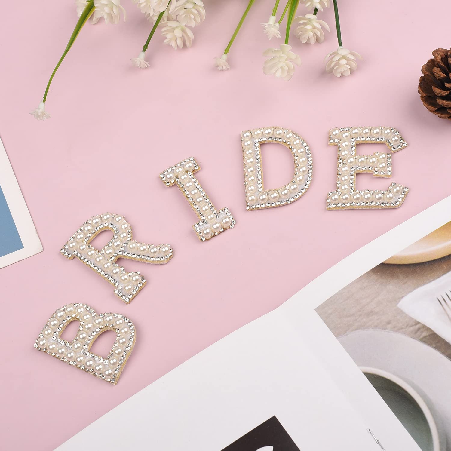 NAUZE 10PCS Rhinestone Iron-On Bride Patches - Sparkling Diamond & Pearl Letter Sew-On Patches for Wedding Dresses, DIY Clothing & Crafts - Perfect for Bridal Accessories, Bachelorette Parties & Custom Apparel
