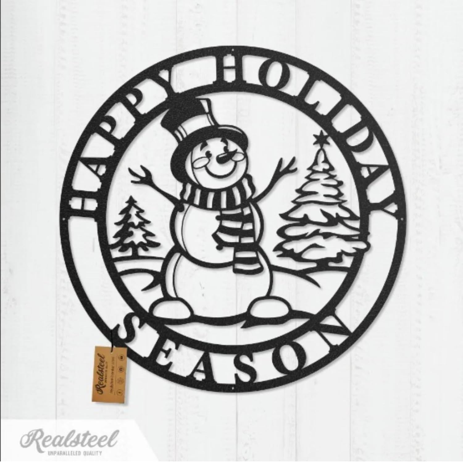 RealSteel Metal Wall Art - Happy Holiday Season Snowman Sign - Christmas Wall Decor, Snowman Artwork - Holiday Winter Decoration - 24