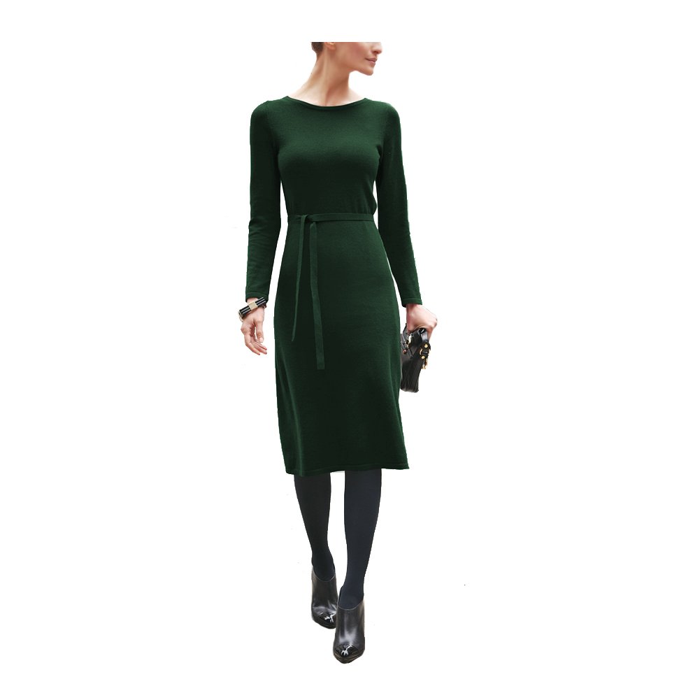 Parisbonbon Women's 100% Cashmere Crew Neck Sweater Dress - Soft & Warm Winter Knitwear in Hunter Green, Size 5X - Perfect for Office, Date Night & Holiday Outfits