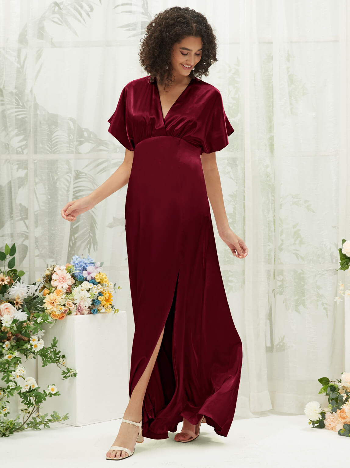 Elegant Burgundy V-Neck Short Sleeve Satin Maxi Bridesmaid Dress with High Slit | Formal Wedding Party Gown for Bridesmaids, Evening Events & Special Occasions