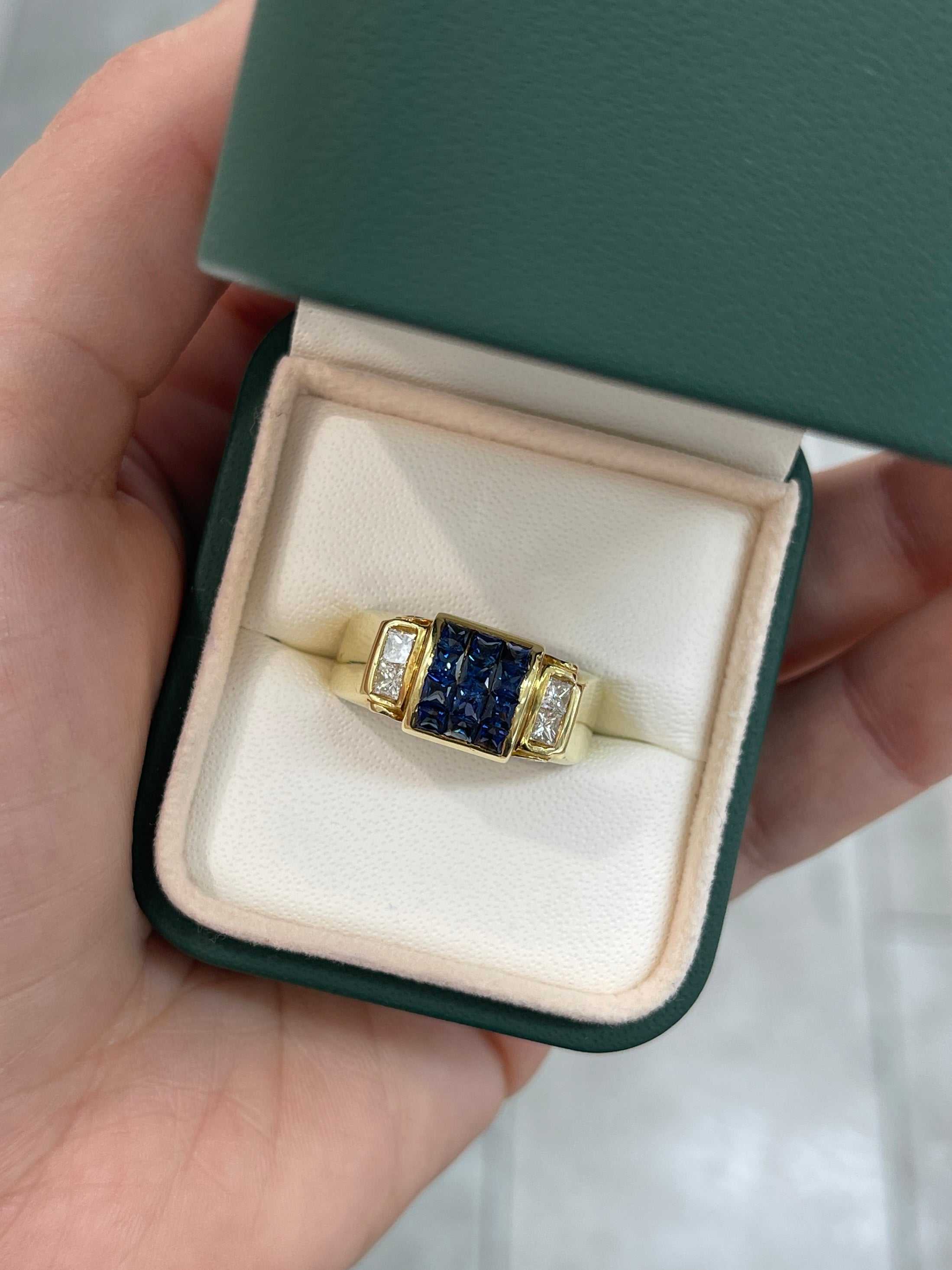 2.0tcw Square Blue Sapphire & Diamond Men's Ring in 18K Gold - Elegant Jewelry for Weddings, Anniversaries & Special Occasions