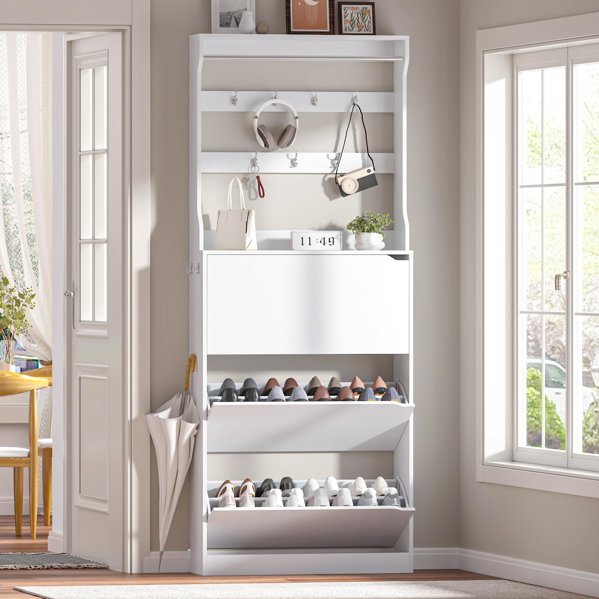 Modern White Slim Shoe Storage Cabinet with 3 Flip Drawers & Coat Rack - Freestanding Narrow Entryway Organizer for Hallway, Living Room & Bedroom - Space Saving Wooden Shoe Rack for Home Décor