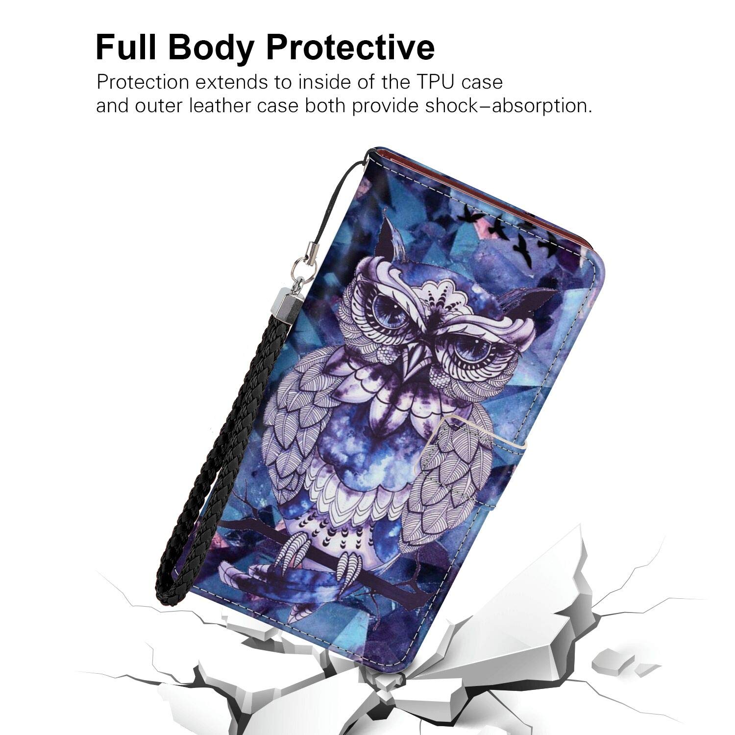 Samsung Galaxy Note 9 Wallet Case - PU Leather Phone Cover with Card Holder, Kickstand & Wrist Strap | Purple Owl Design | Perfect for Business, Travel & Everyday Use