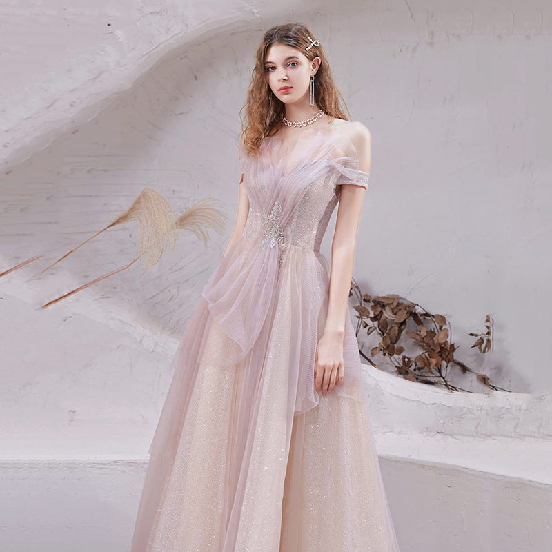 Elegant Off Shoulder Beaded Shiny Pink Prom Dress - A-Line Formal Evening Gown for Homecoming, Quinceañera & Special Occasions | Style 701