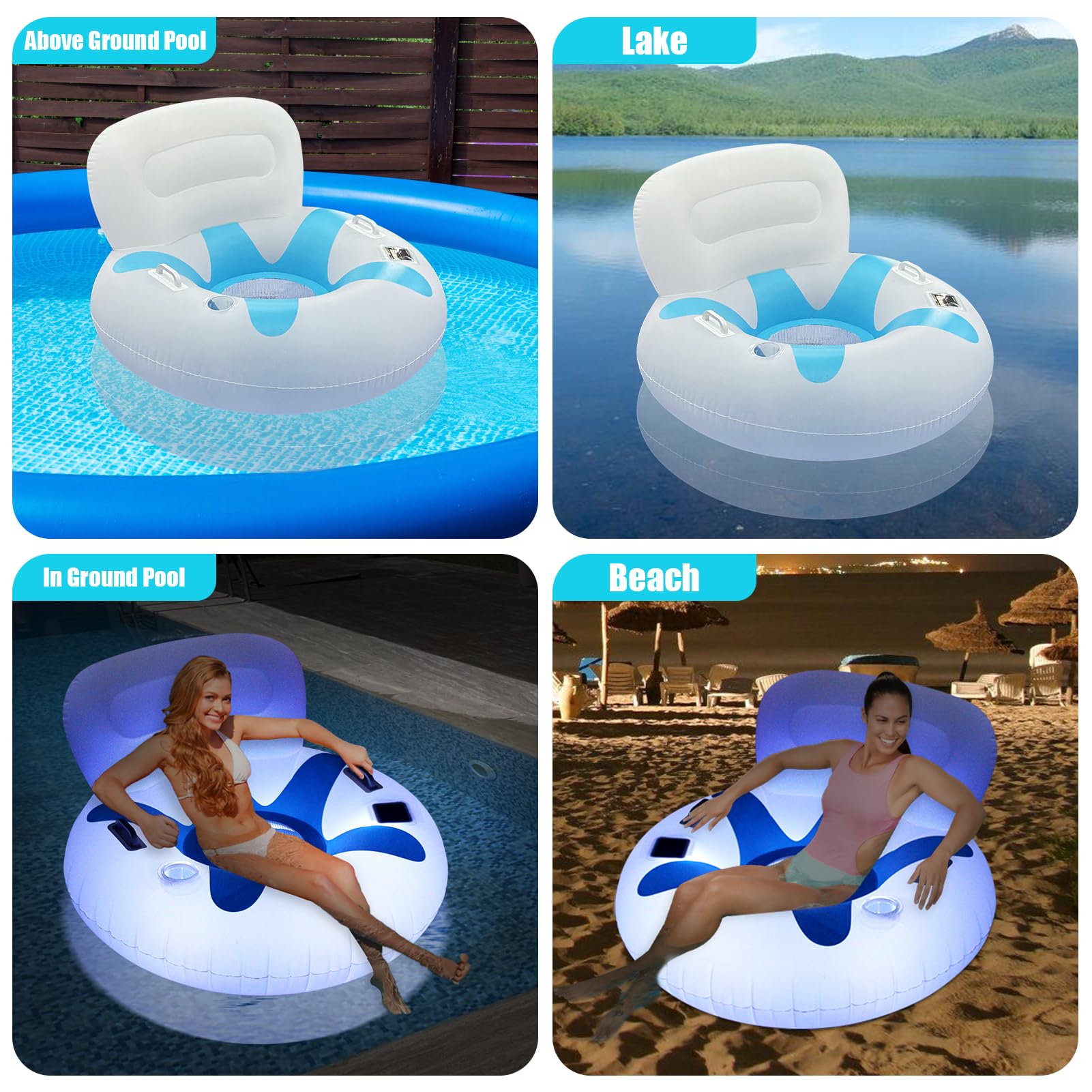 **Solar-Powered Inflatable Pool Float Chair with LED Lights - Heavy Duty Adult Pool Lounger with Large Backrest, Cup Holder & Handles | Perfect for Lake, Pool Parties & Summer Relaxation**